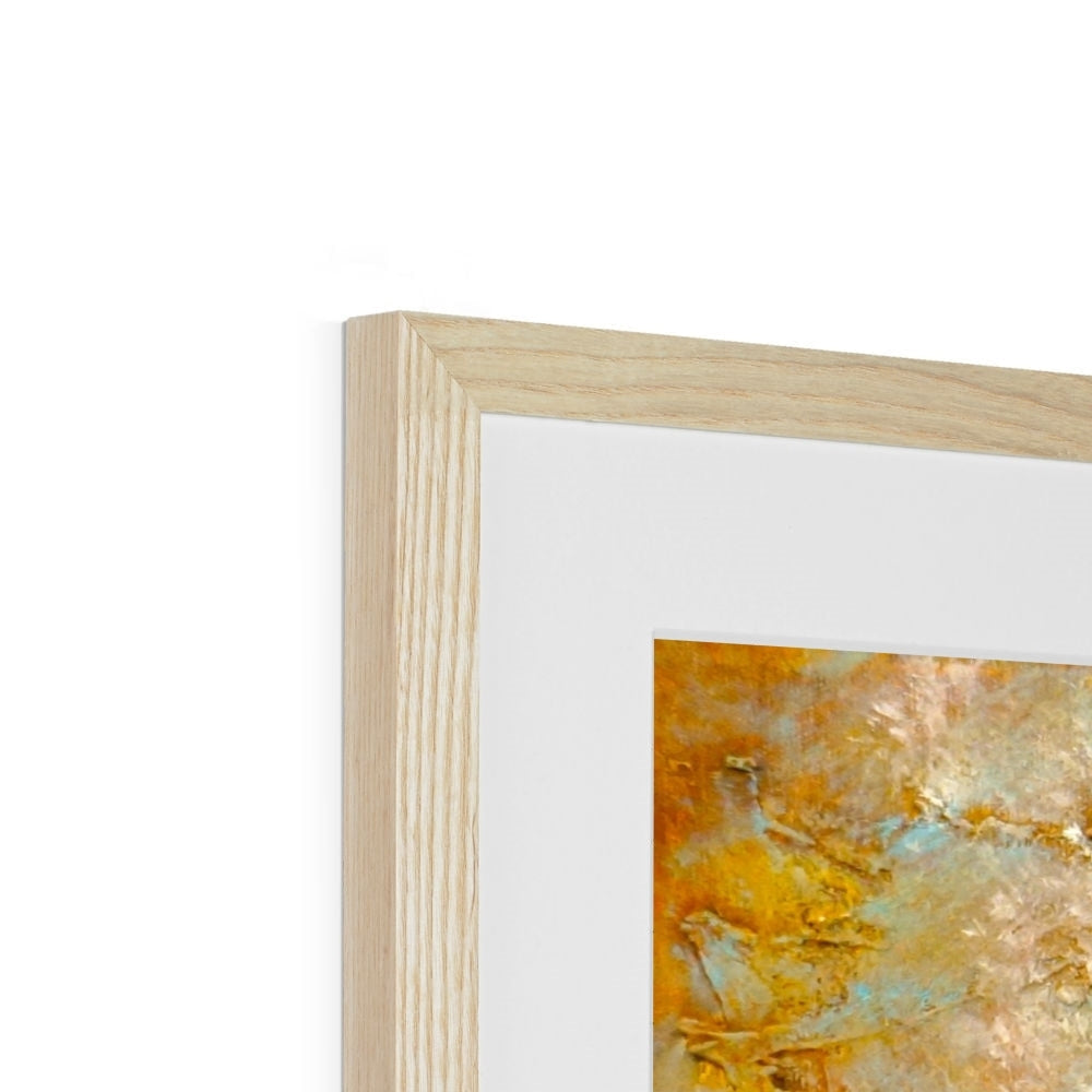 Brodgar Mist Orkney abstract art print in light oak frame with gold blue hues
