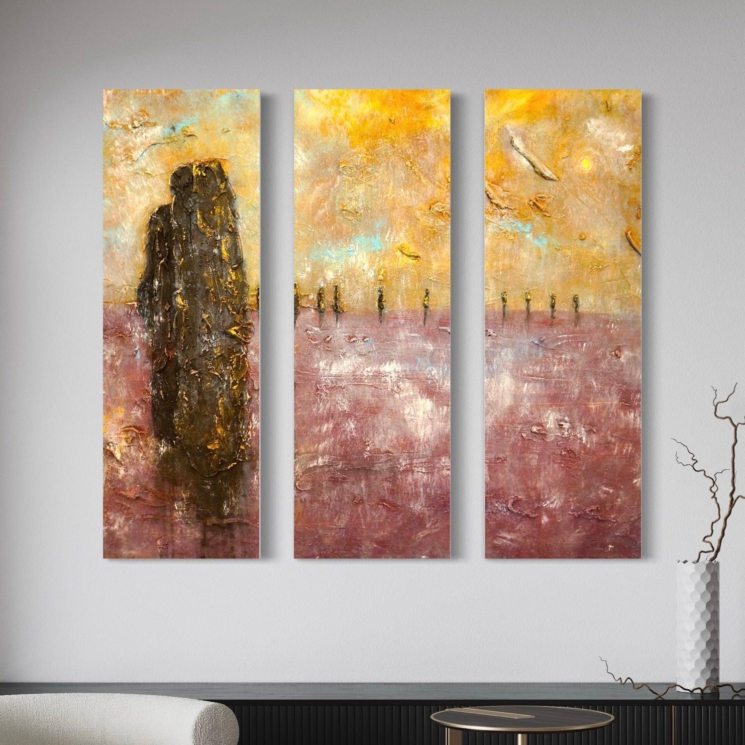 Brodgar Mist Orkney Painting Signed Fine Art Triptych Canvas-Statement Wall Art-Orkney Art Gallery-Paintings, Prints, Homeware, Art Gifts From Scotland By Scottish Artist Kevin Hunter
