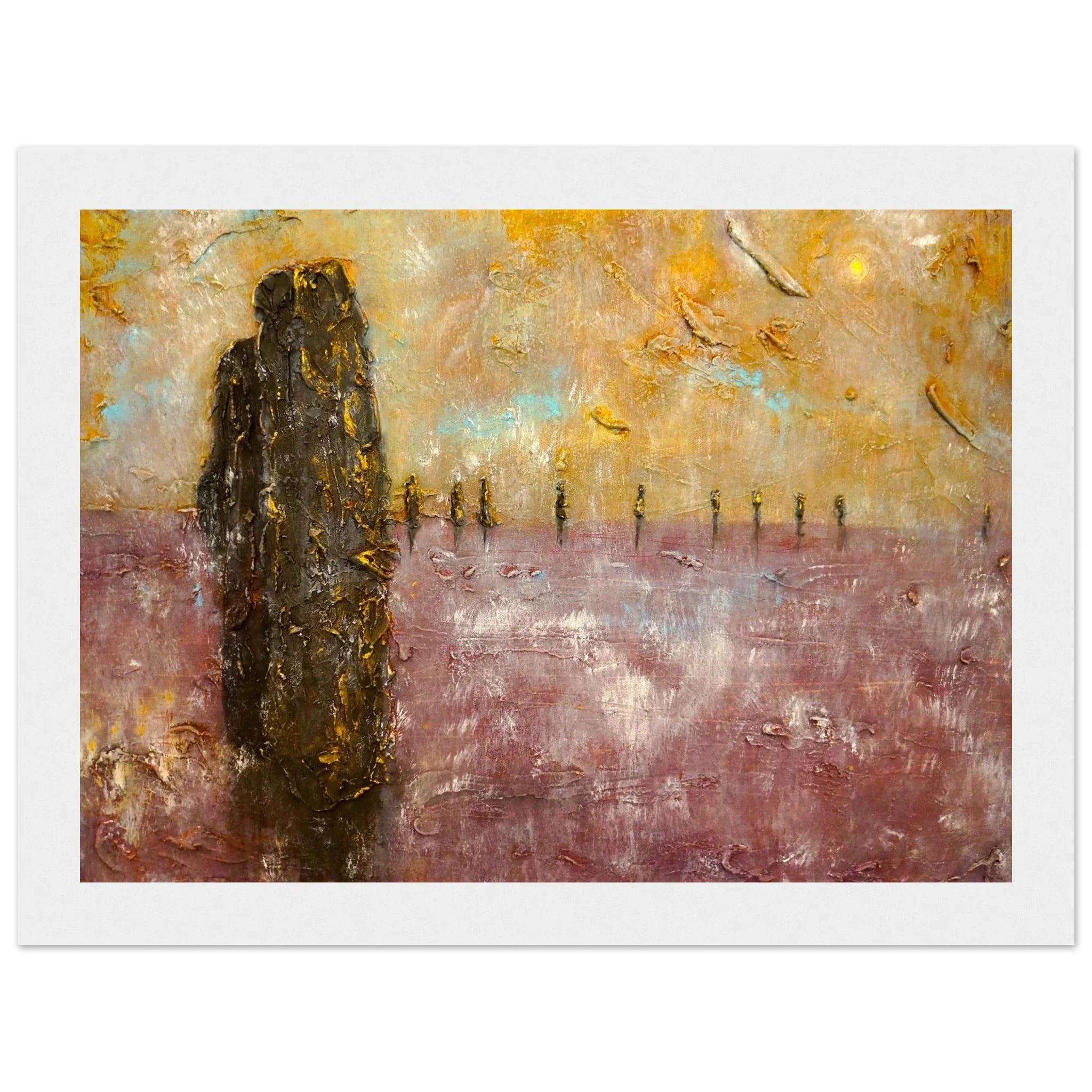 Brodgar Mist Orkney abstract painting with gold figure on yellow purple backdrop