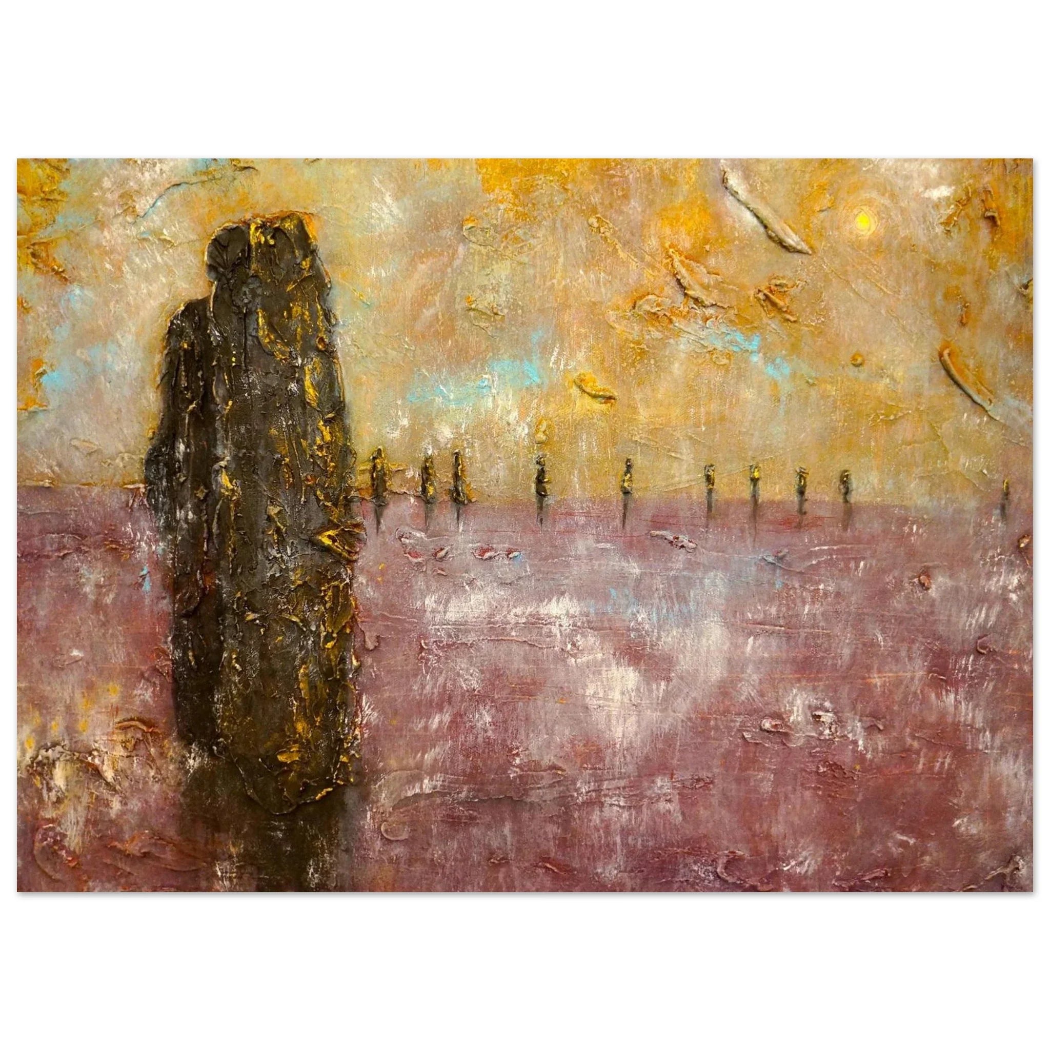 Brodgar Mist Orkney abstract painting of solitary figure in golds and purples