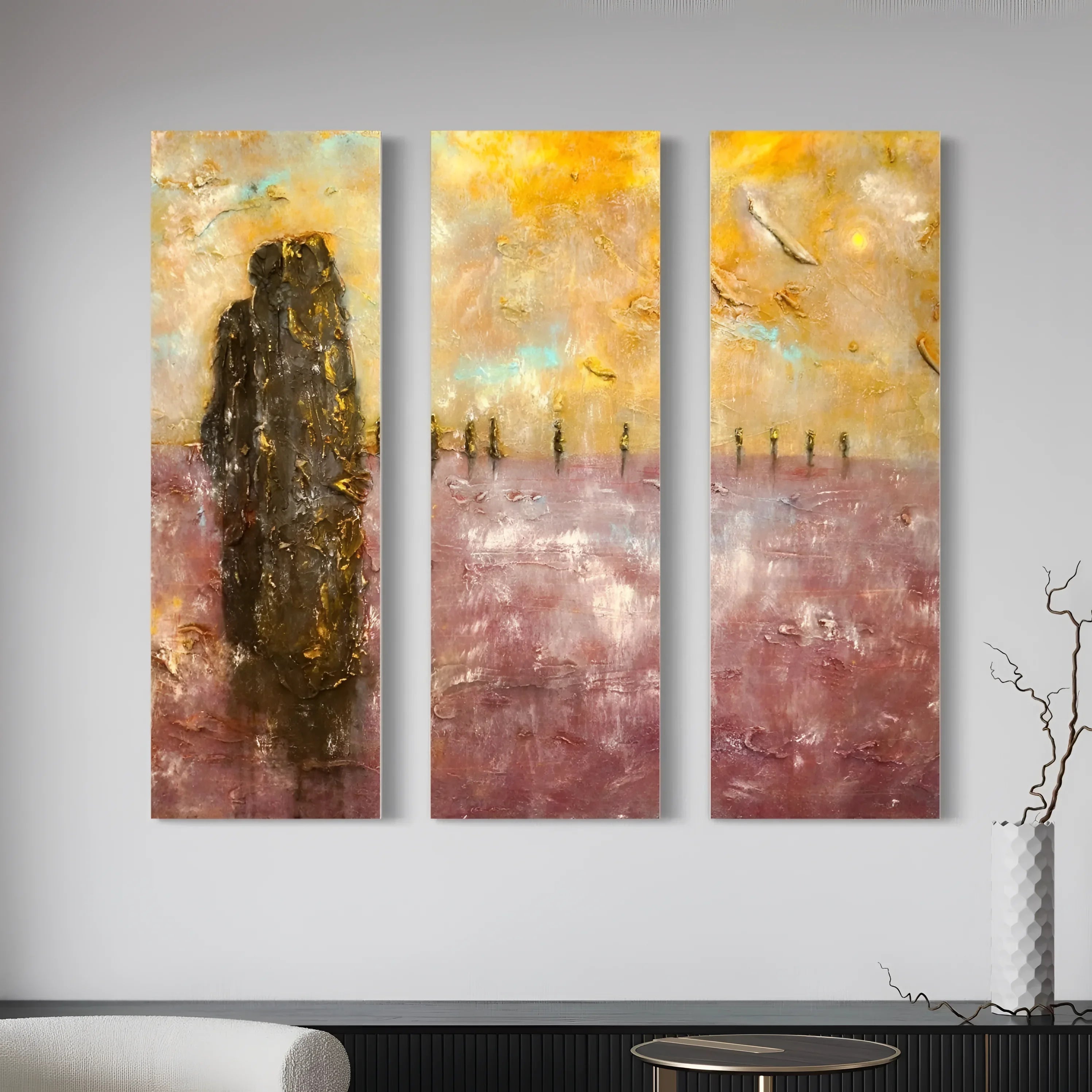 Abstract vertical paintings with dark rock and figures on purple and gold background for Brodgar Mist Orkney wall art