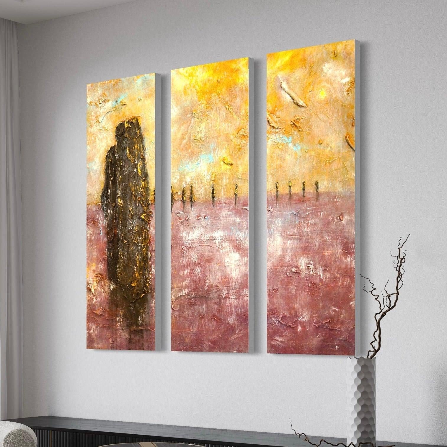 Abstract paintings of figures in warm yellow and deep red landscape for Brodgar Mist Orkney wall art