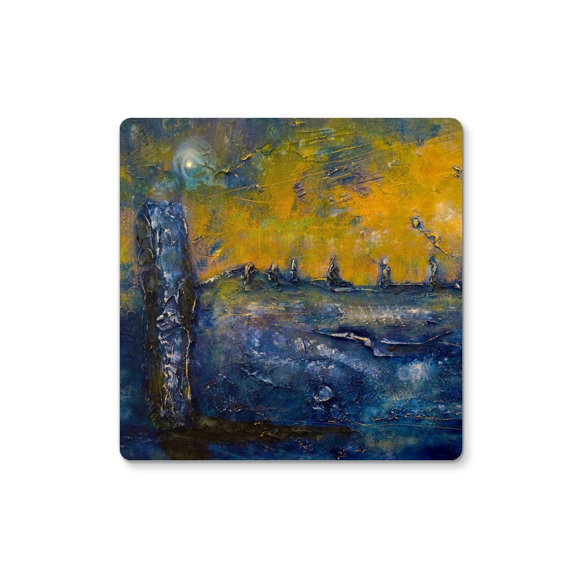 Brodgar Moonlight Orkney Art Gifts Coaster-Coasters-Orkney Art Gallery-2 Coasters-Paintings, Prints, Homeware, Art Gifts From Scotland By Scottish Artist Kevin Hunter