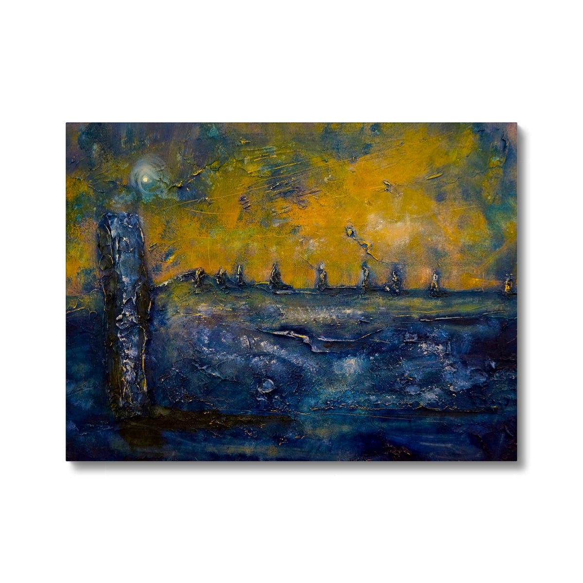Brodgar Moonlight Orkney canvas print of blue yellow abstract dock scene