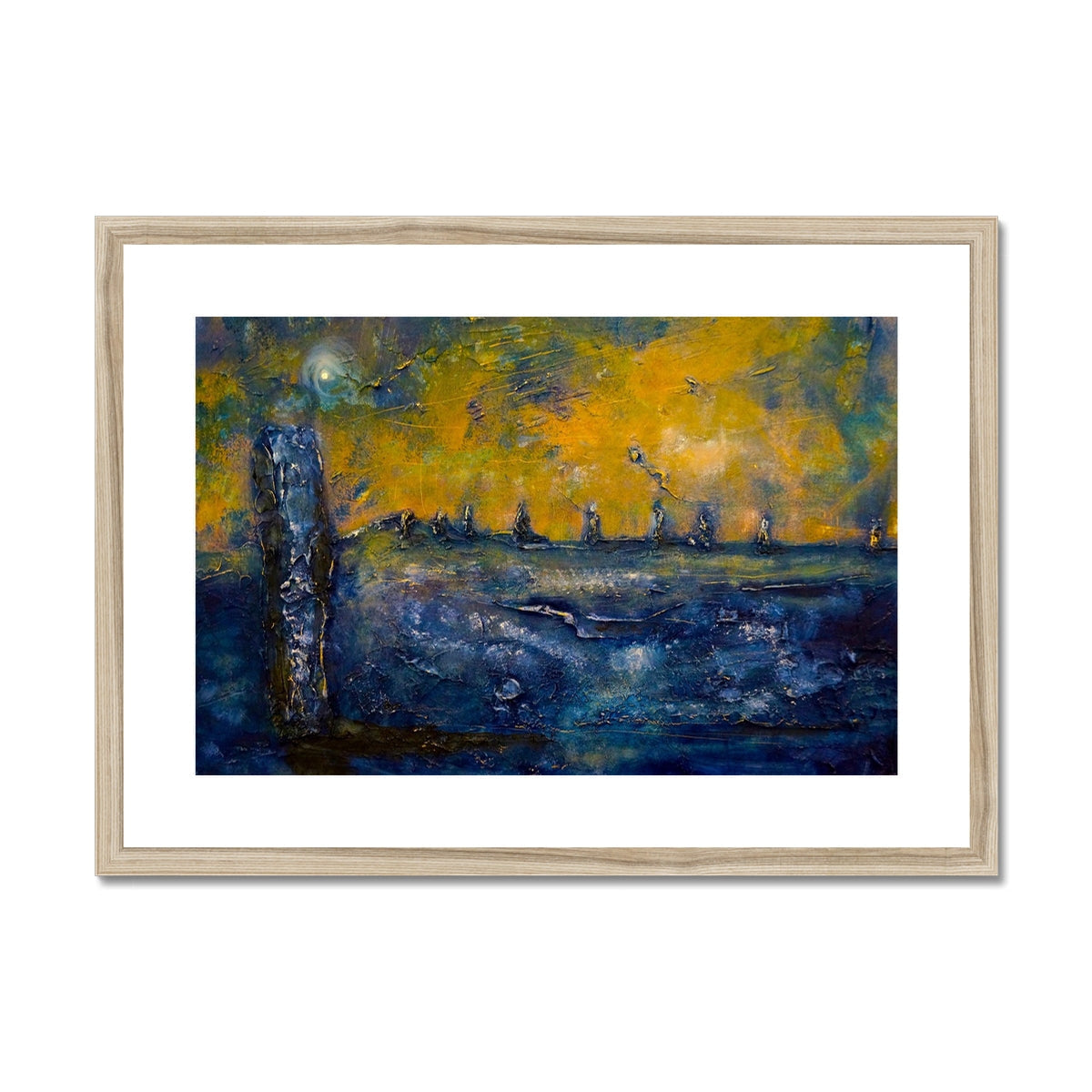 Brodgar Moonlight Orkney art print of wooden frame with abstract lighthouse and ocean painting