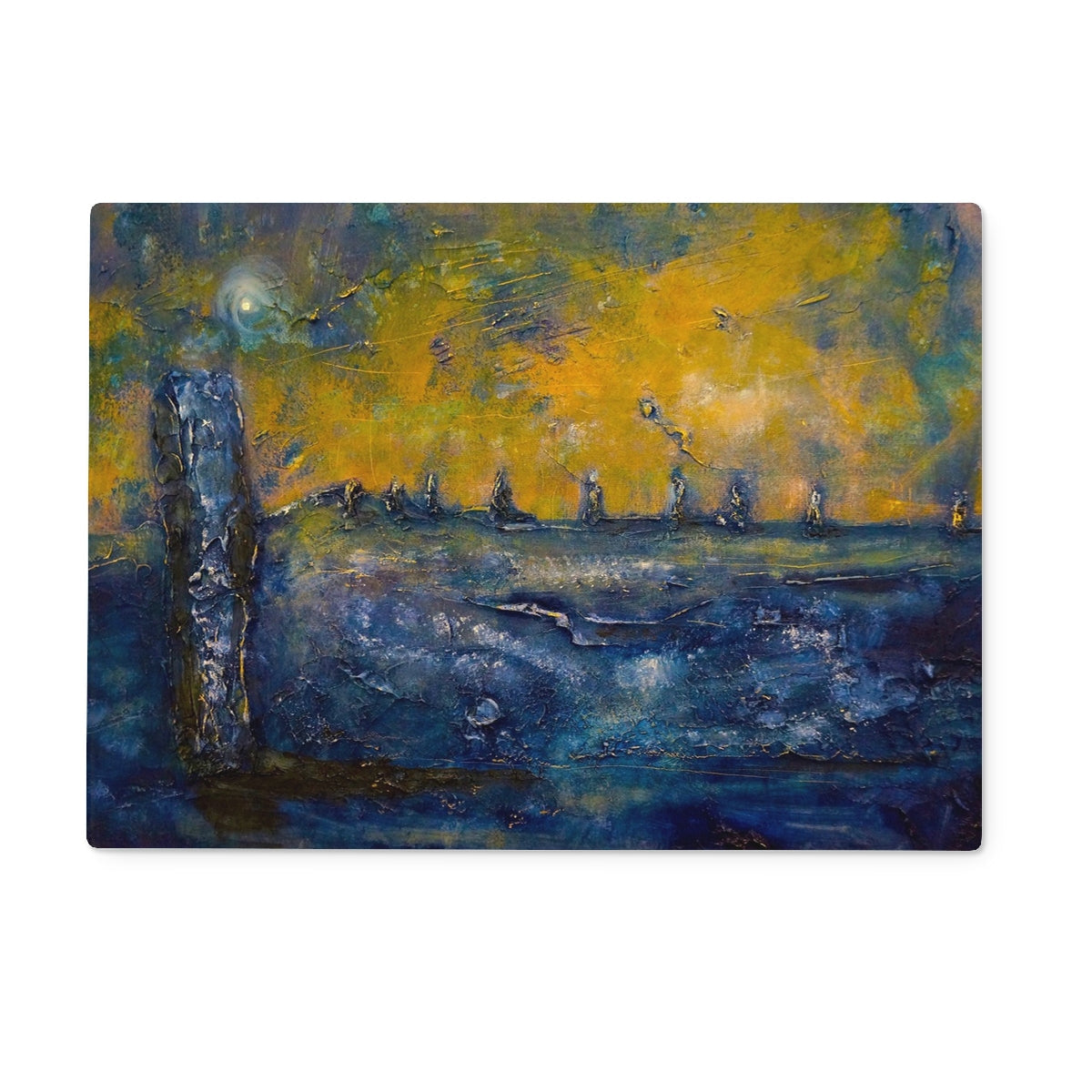 Blue and yellow abstract lighthouse on Brodgar Moonlight Orkney glass chopping board