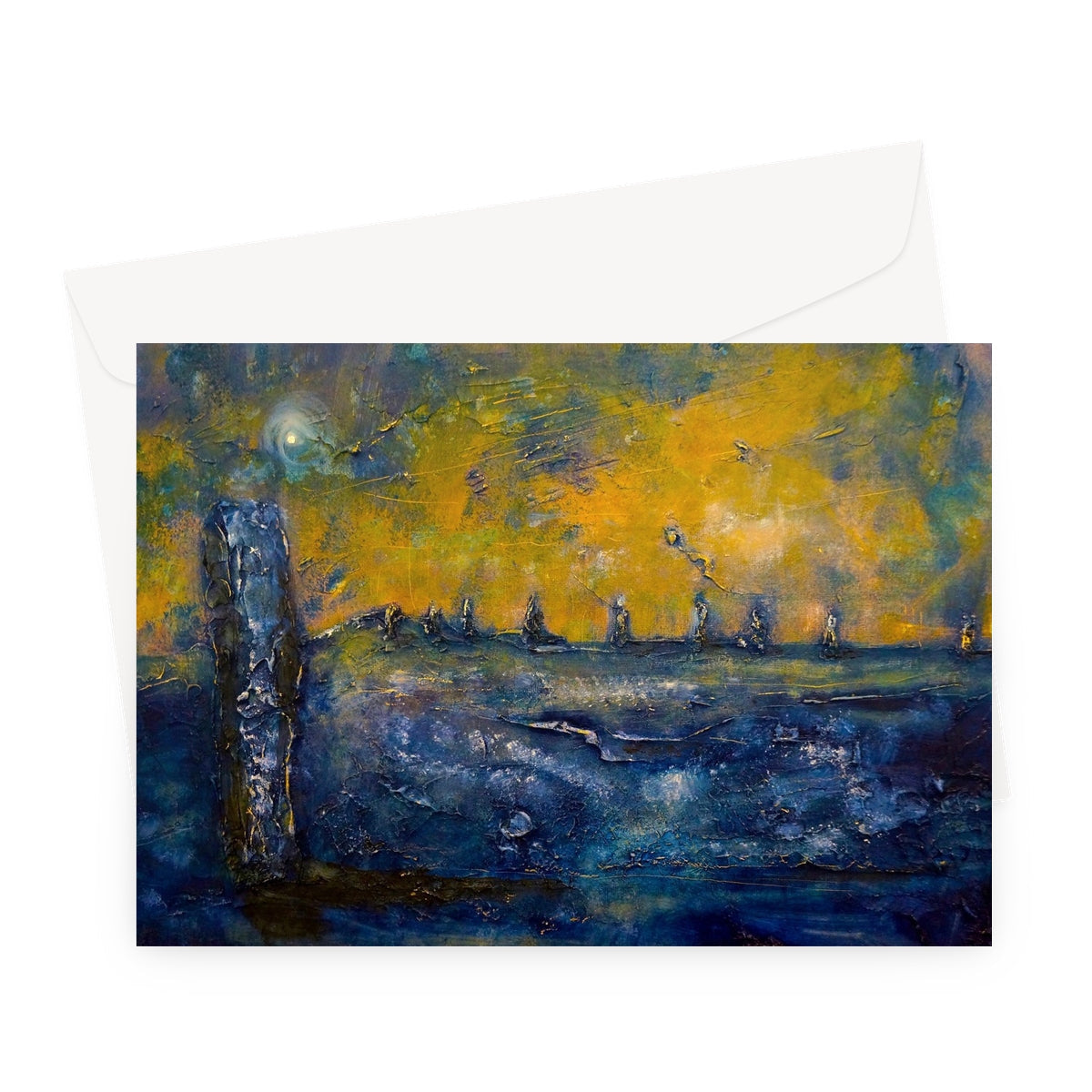 Brodgar Moonlight Orkney greeting card with blue yellow abstract canvas art