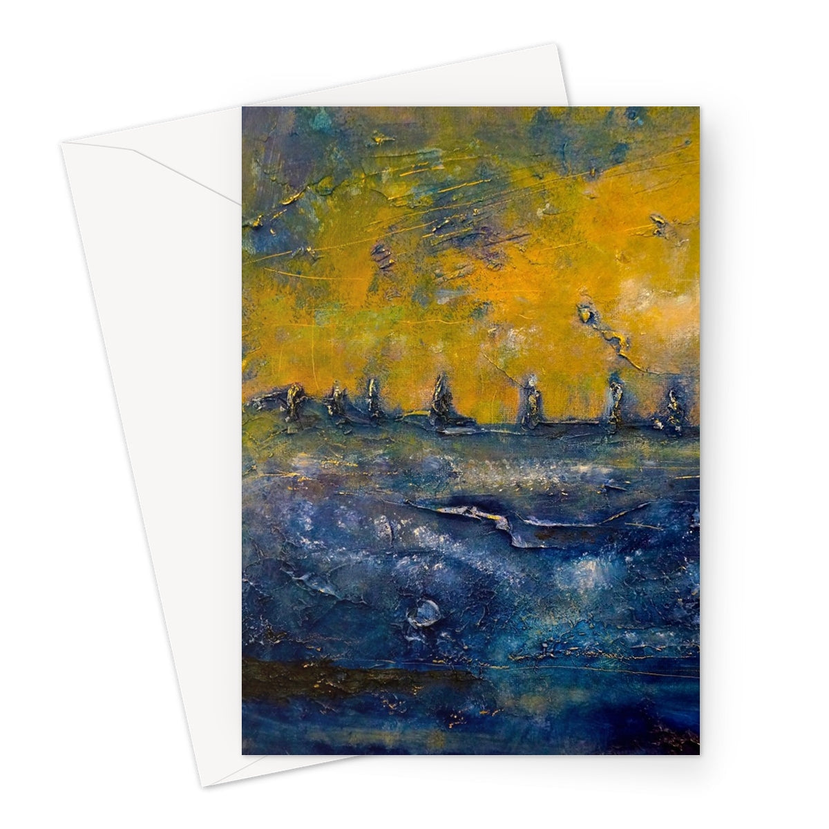 Brodgar Moonlight Orkney greeting card with yellow blue abstract textured art