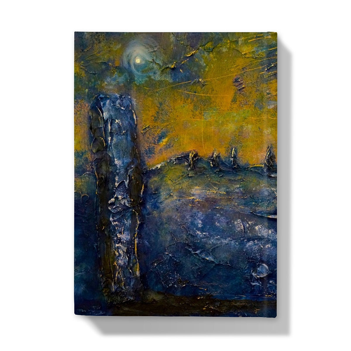Blue abstract Brodgar Moonlight Orkney journal cover with textured brushstrokes and glowing moon