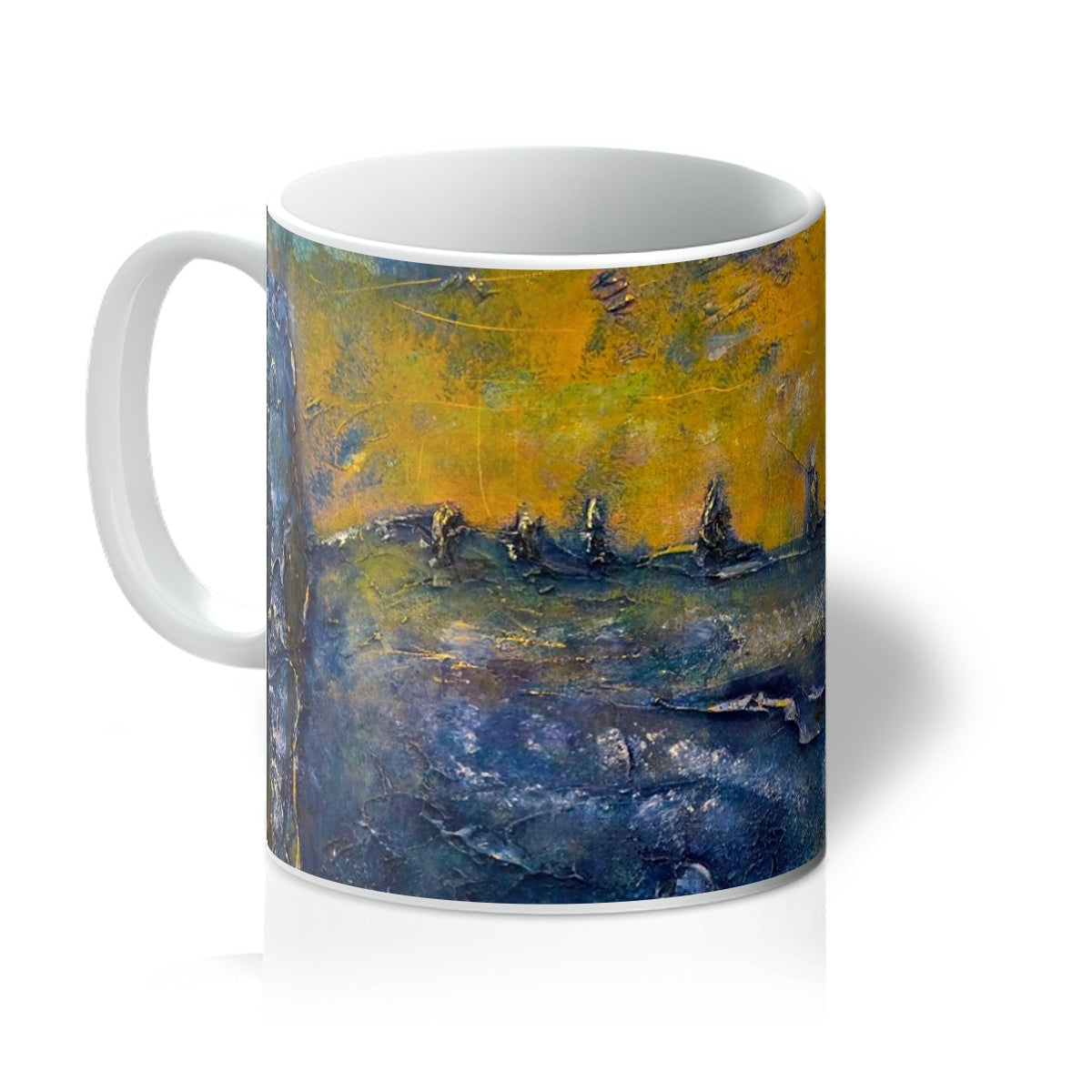 Brodgar Moonlight Orkney mug with yellow-blue abstract design