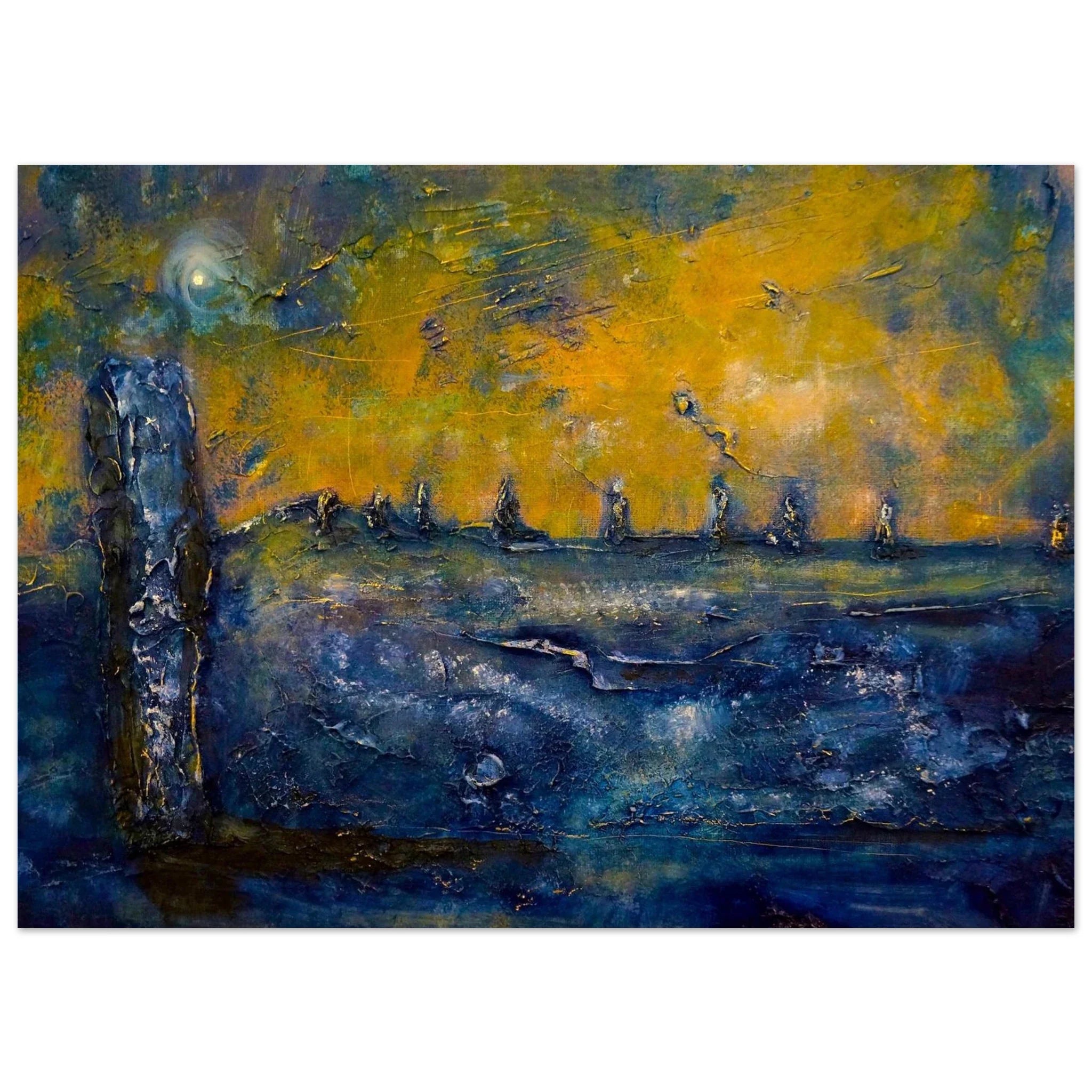 Abstract Brodgar Moonlight painting in Orkney blues and yellows