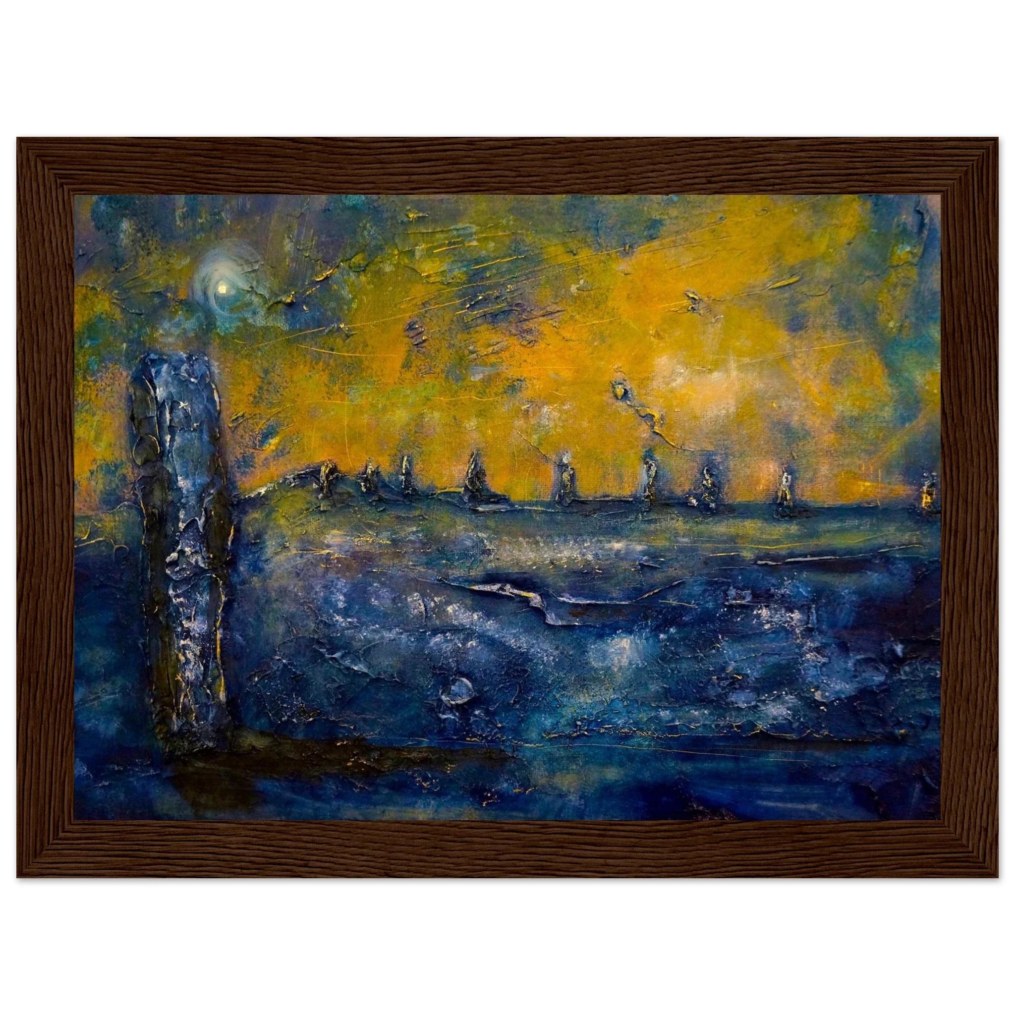 Textured abstract painting of Brodgar Moonlight Orkney in dark wooden frame