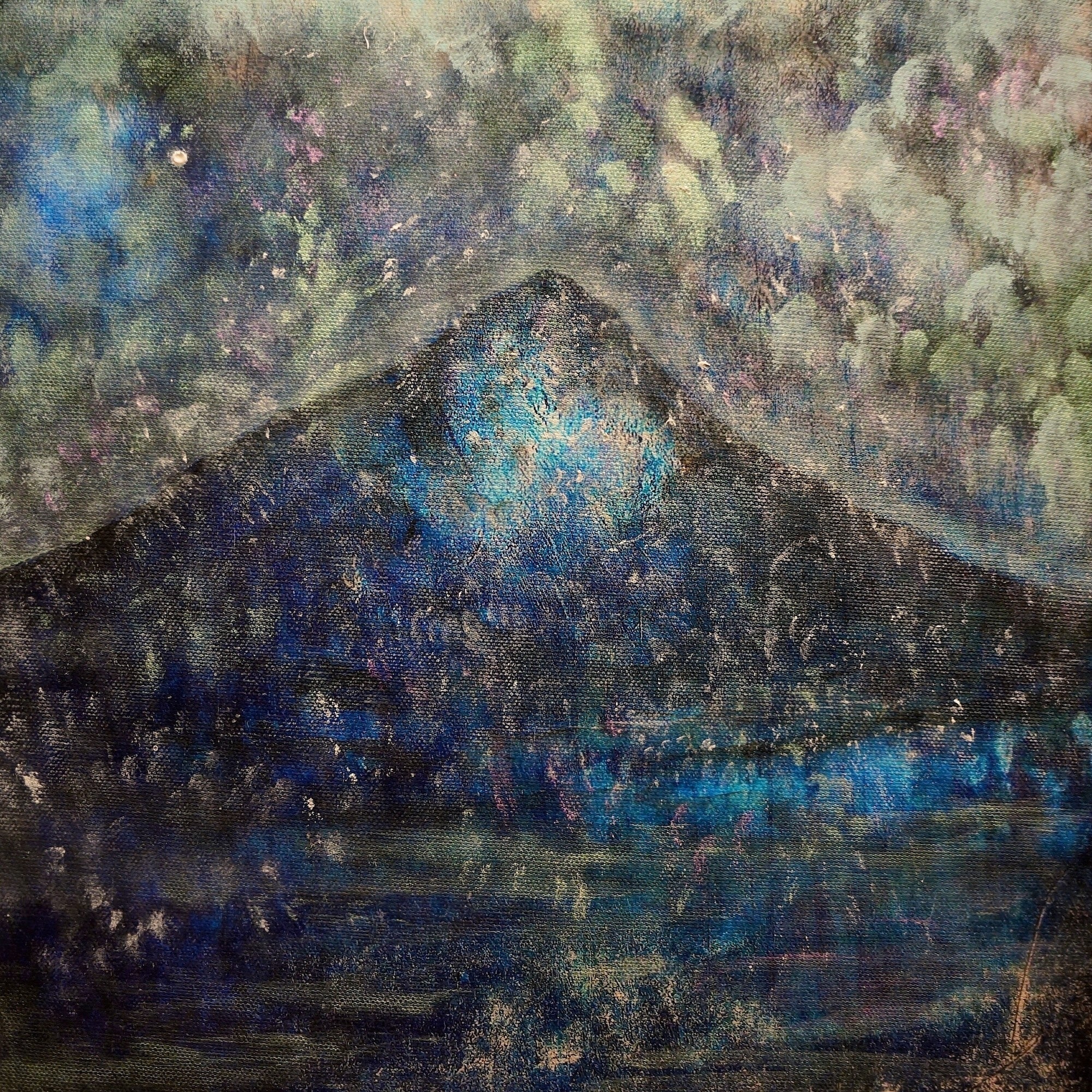Abstract painting of a dark mountain under a starry cloudy sky in A Brooding Buachaille Etive Original Painting