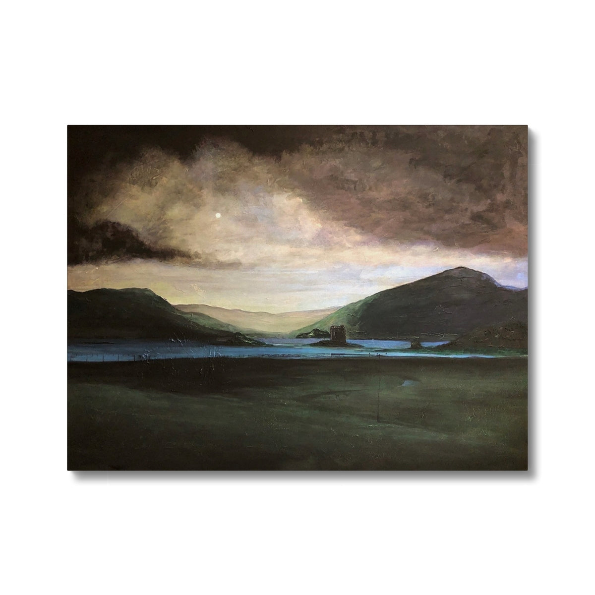 A landscape painting of a lake with mountains under a cloudy sky.