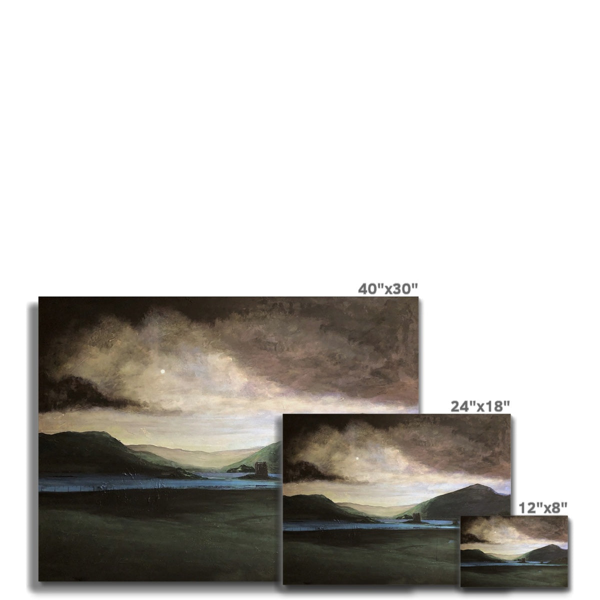 Multiple prints of a dark landscape painting with mountains and a body of water under a stormy sky.