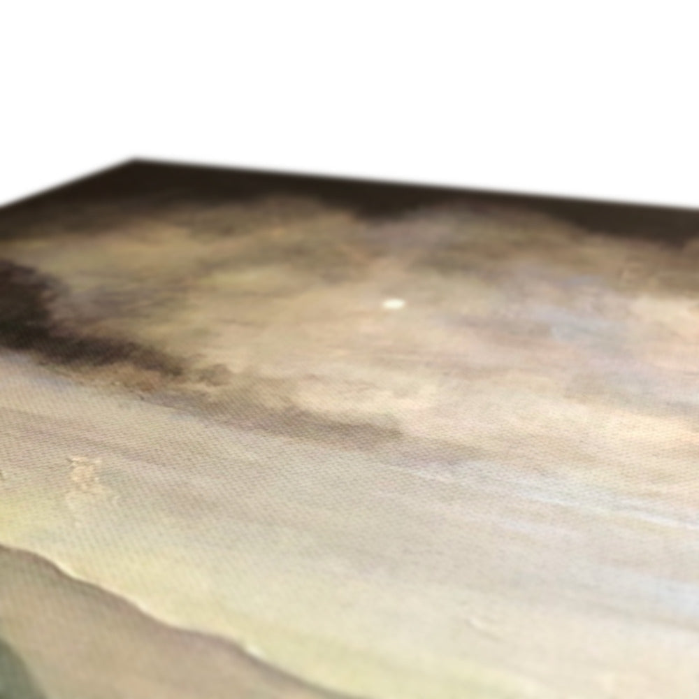 A textured, light-colored painting on a canvas.