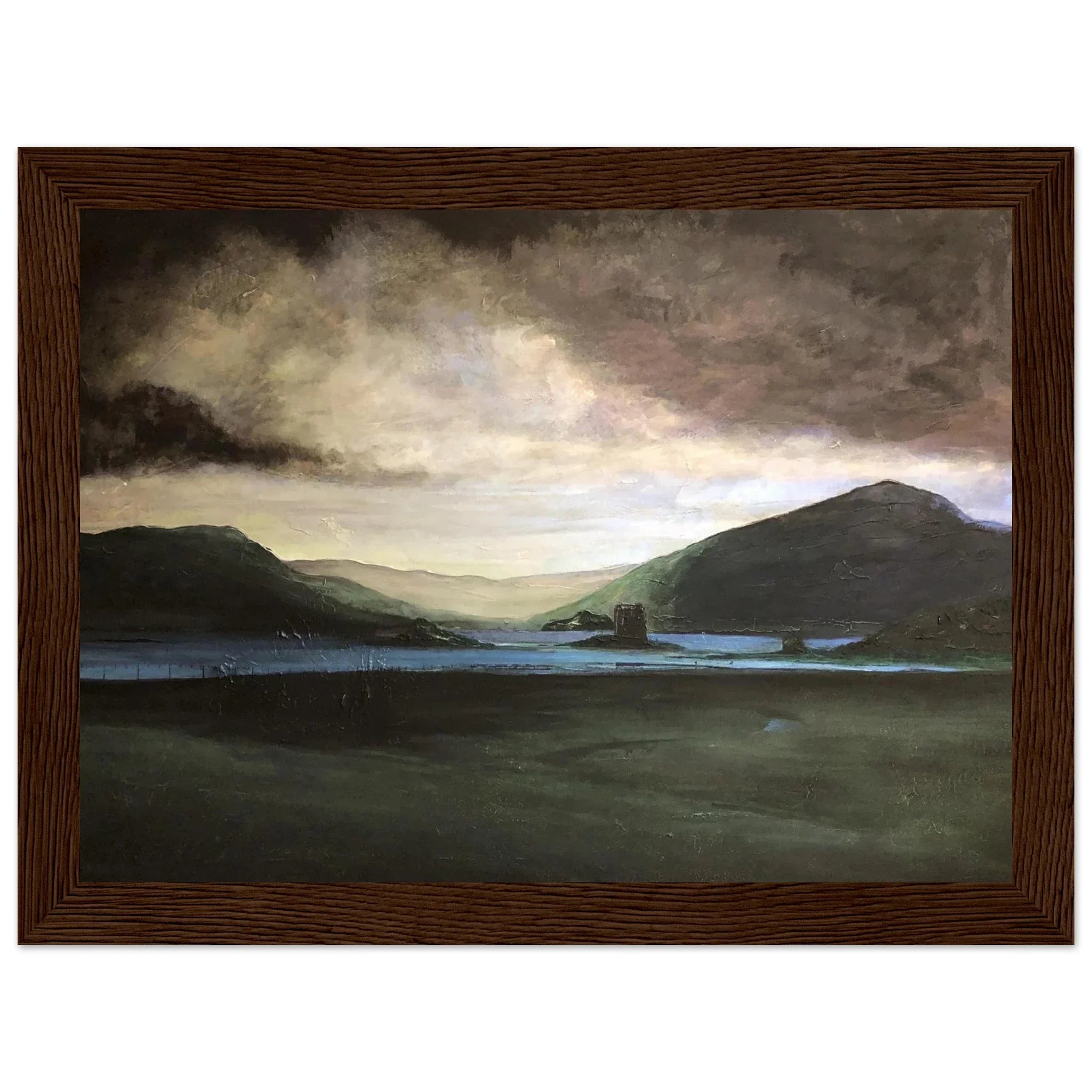 Framed moody landscape painting of brooding Scottish castle on island hills under dark clouds