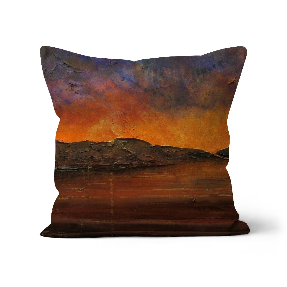 Orange and brown sunset textured Brooding Clyde Dusk cushion