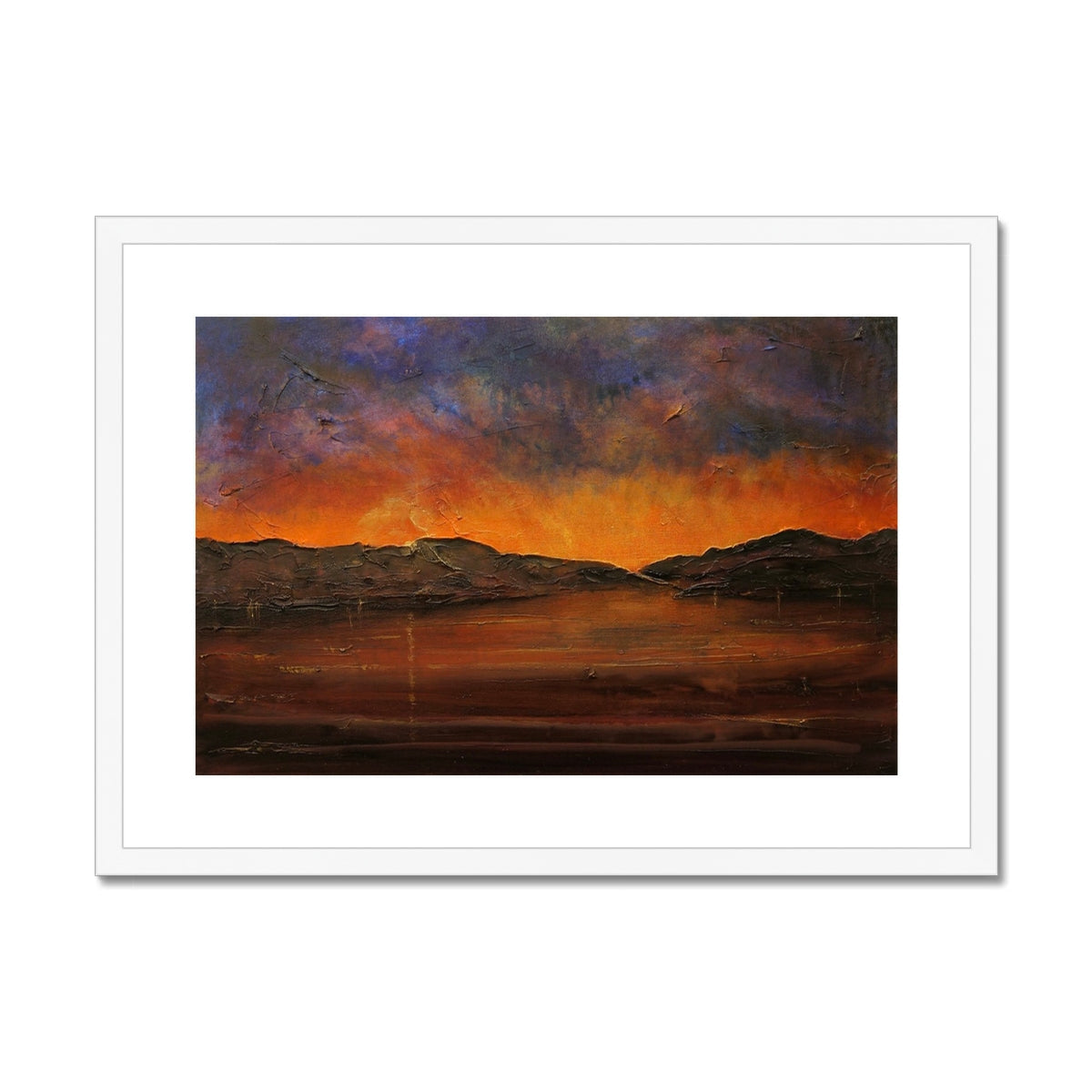 Orange sunset landscape painting with mountains and clouds in a white frame for A Brooding Clyde Dusk print