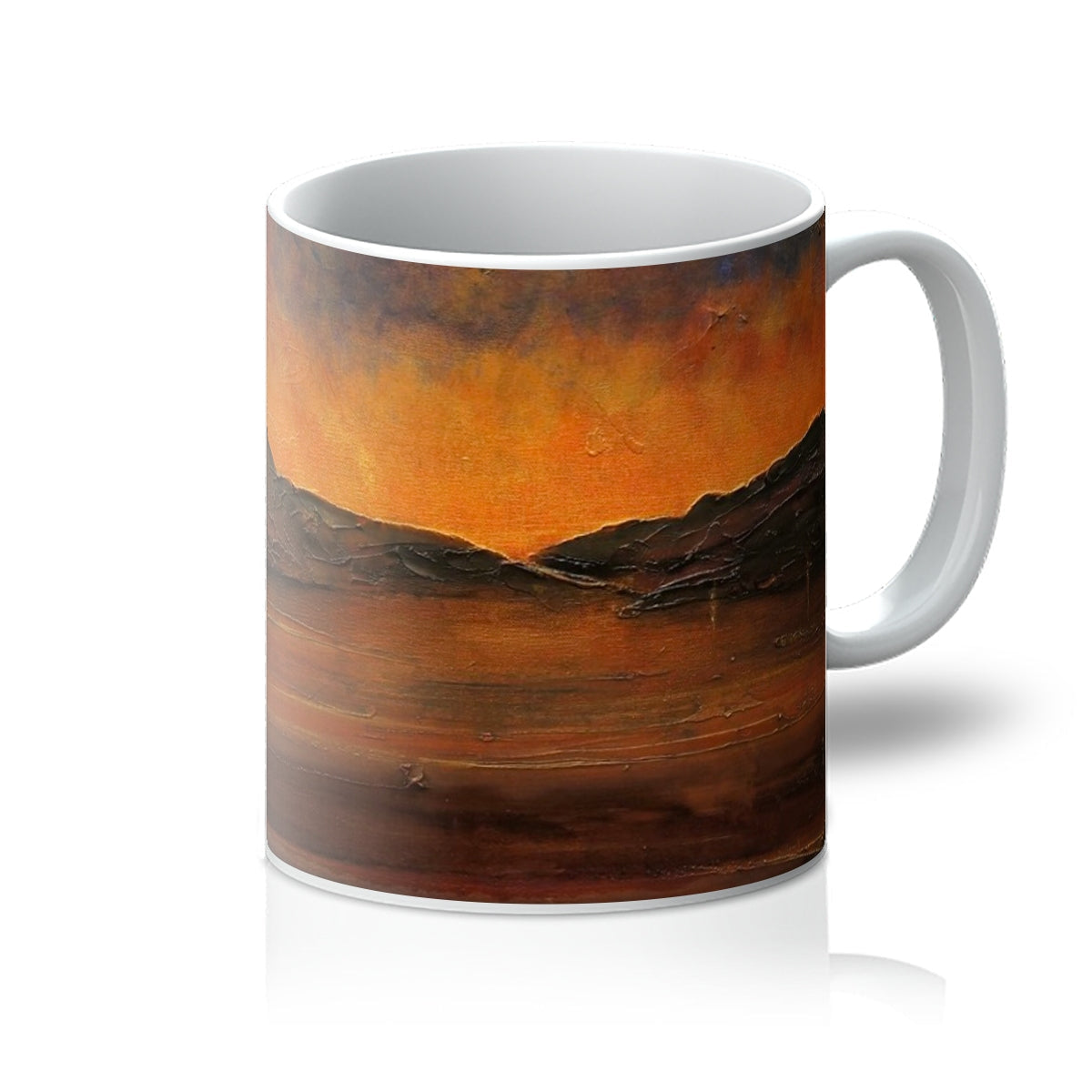 White ceramic Brooding Clyde Dusk Mug with abstract fiery orange sky mountain landscape