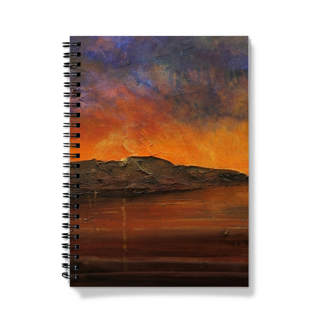 Spiral-bound notebook with abstract landscape painting cover titled A Brooding Clyde Dusk