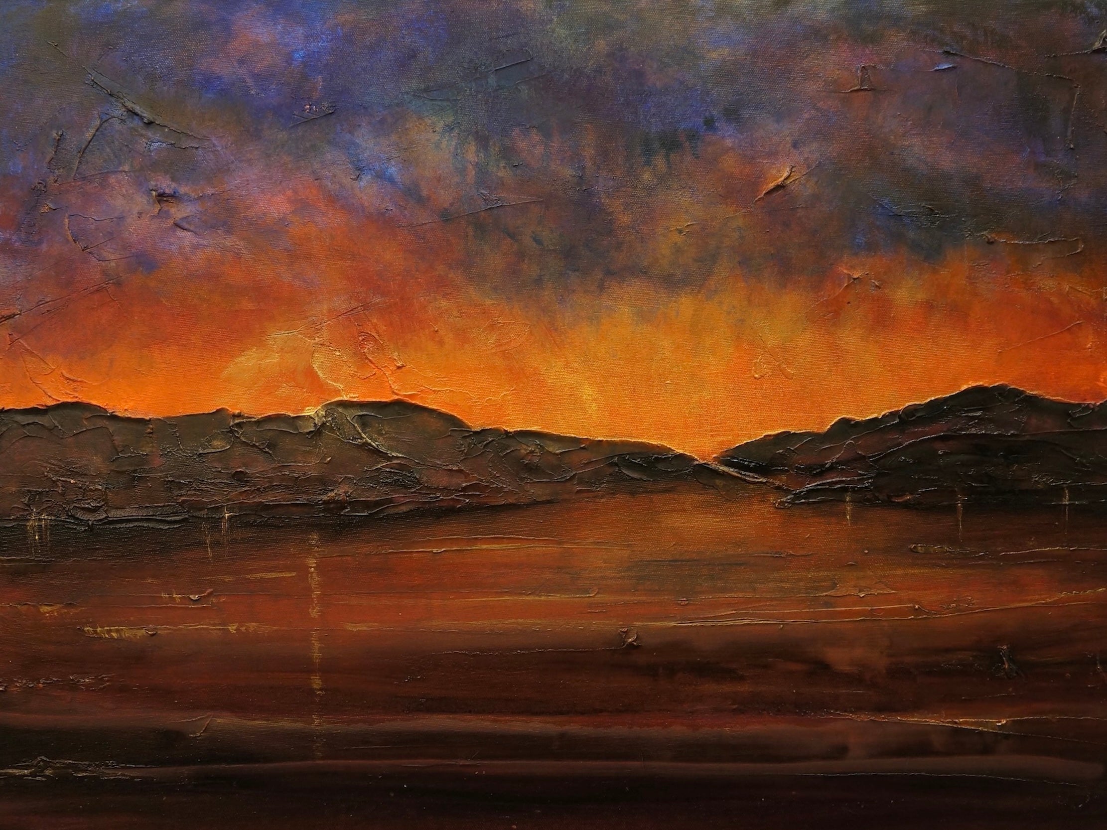 Impressionistic oil painting of a sunset over Mountains for A Brooding Clyde Dusk Original Painting