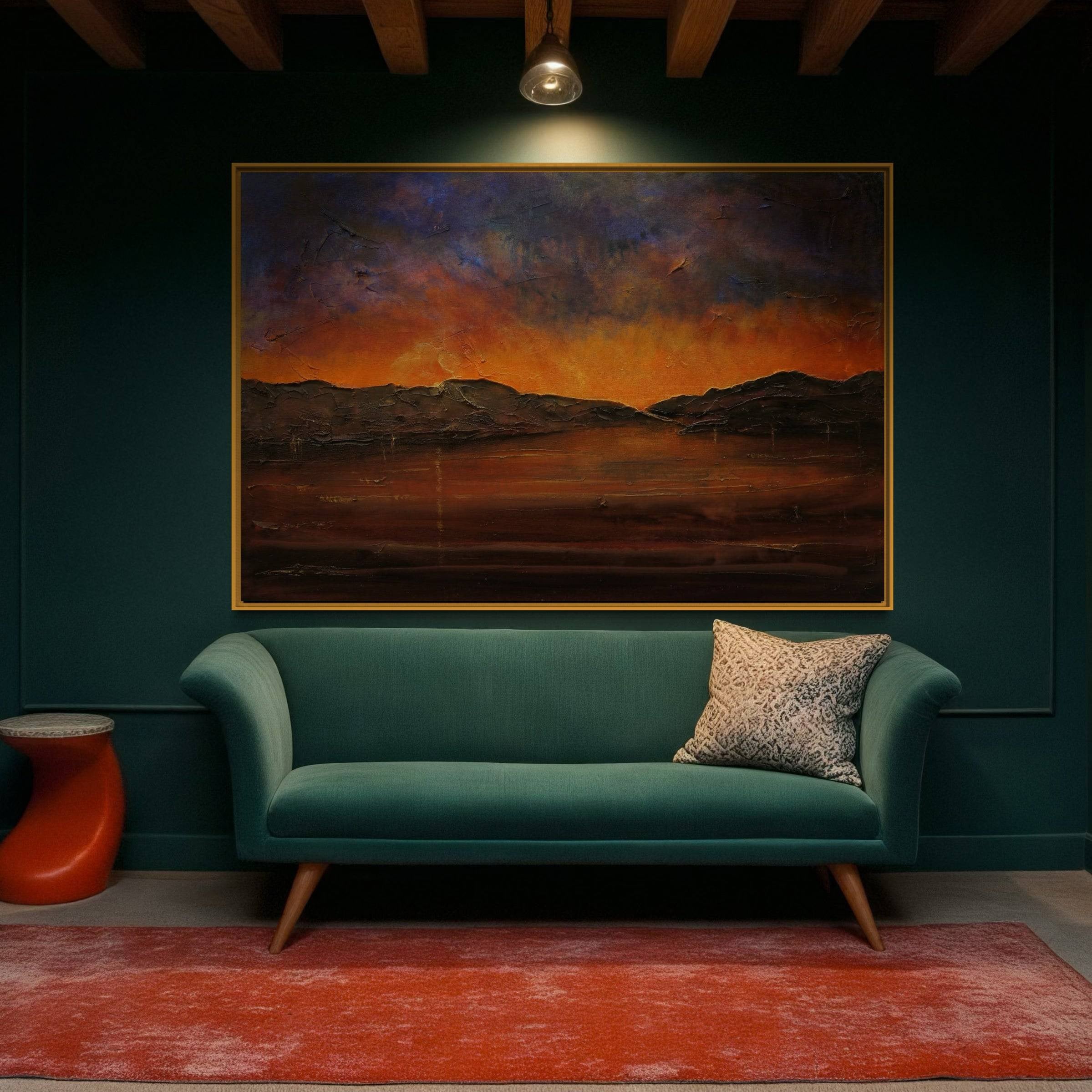 Dark teal velvet sofa with wooden legs from A Brooding Clyde Dusk Scotland art piece