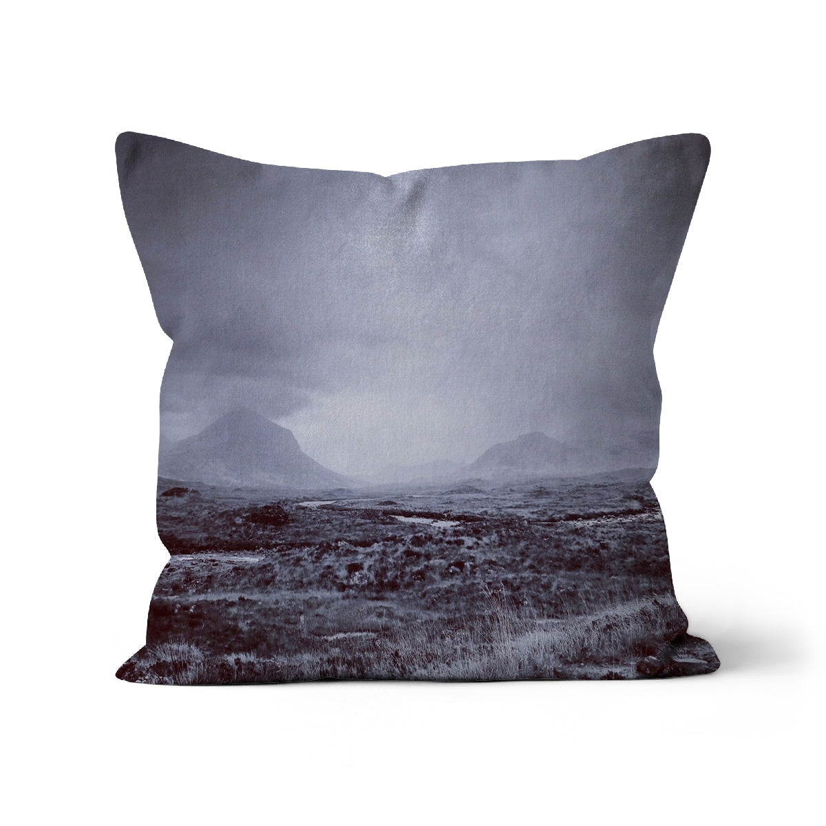 18x18 inch Brooding Cuillin cushion cover with misty landscape in earth tones