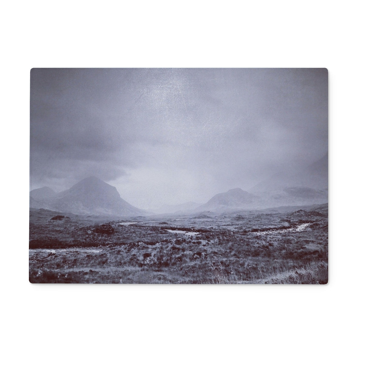 Dark gray Cuillin mountain landscape magnet on chopping board