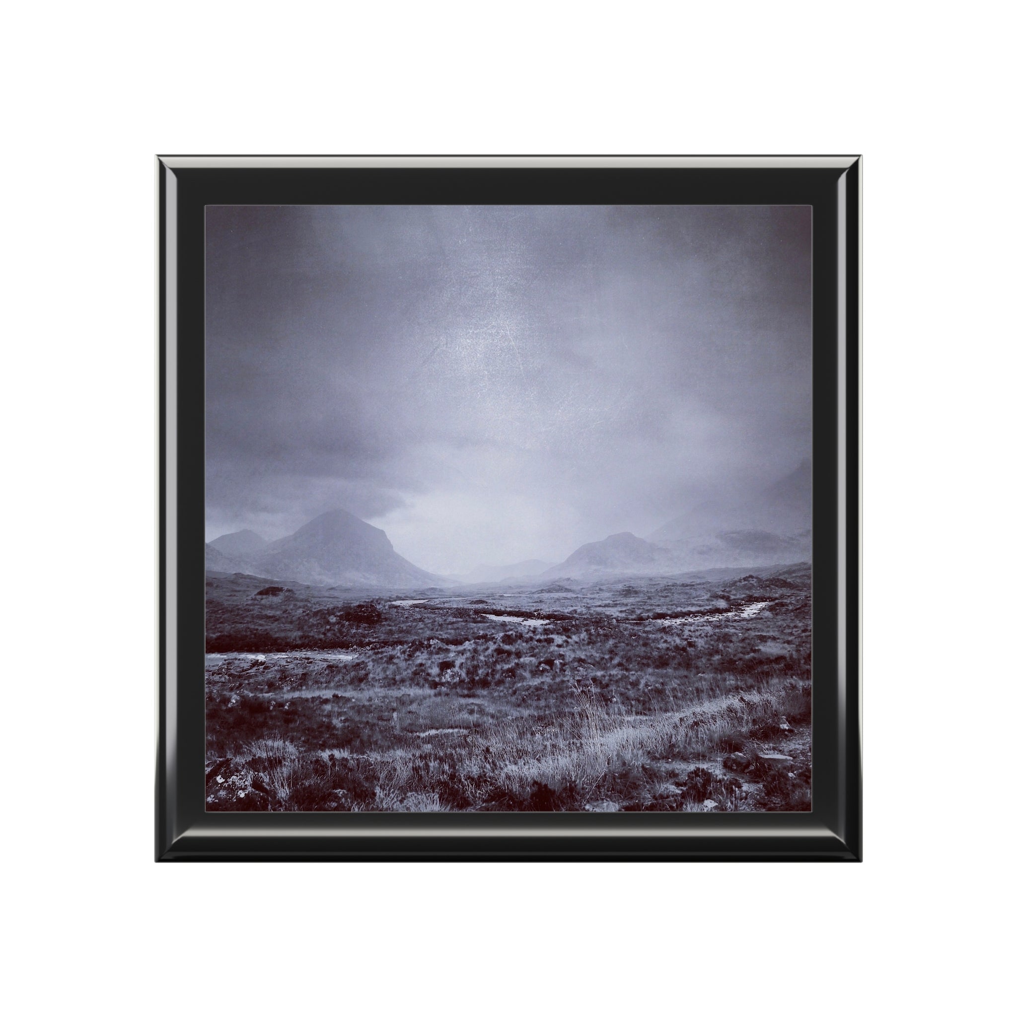 Black-framed square print of moody misty Cuillin mountains in purples and grays, in Scotland jewellery box