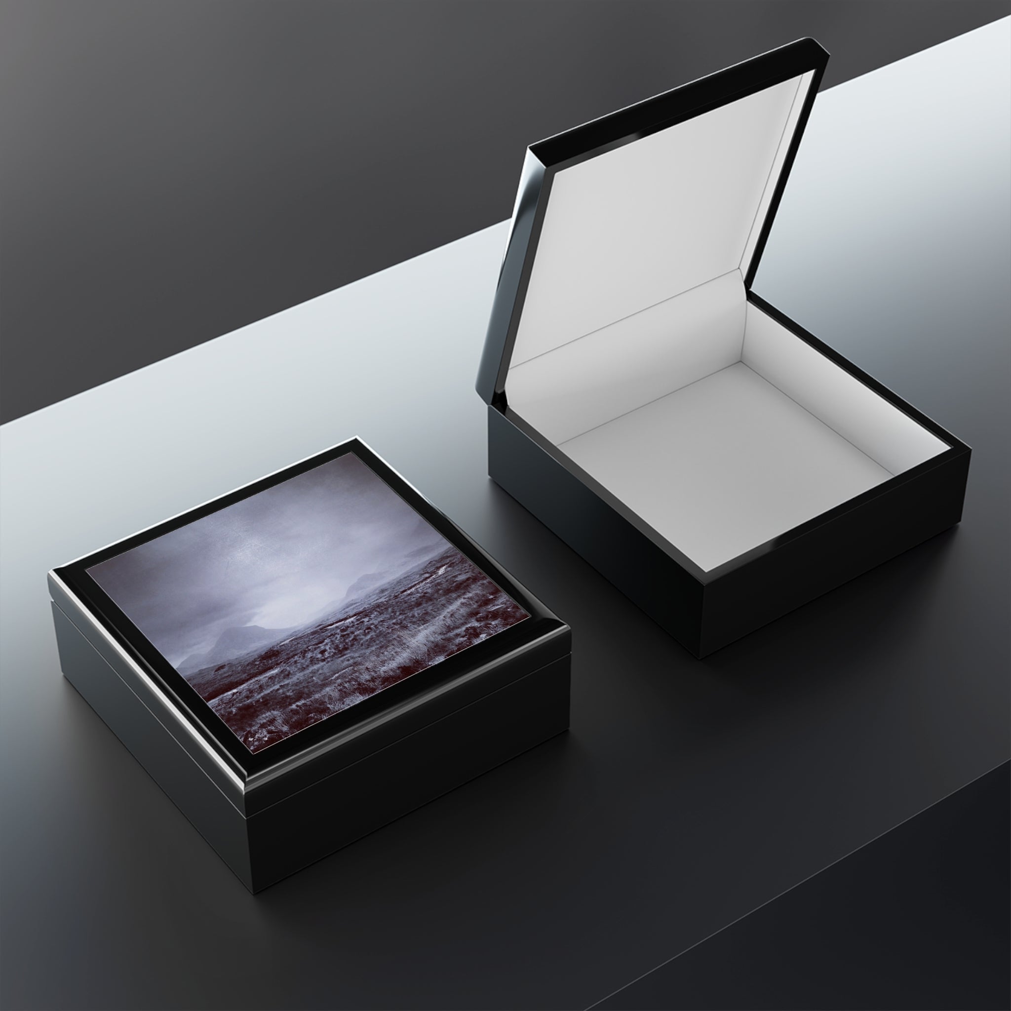 Black square glossy keepsake box with Brooding Cuillin Scotland photo lid