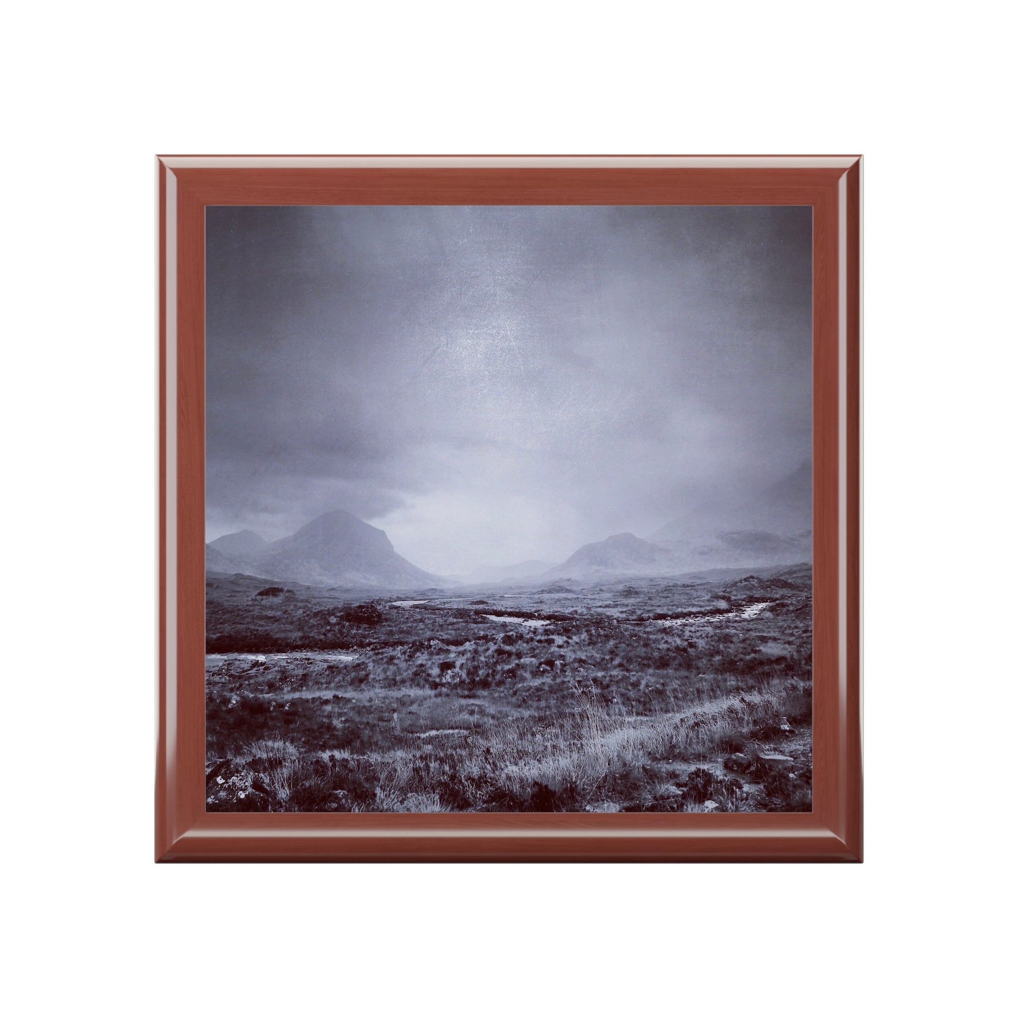 Monochrome misty Cuillin mountain photo in square wooden frame for Scotland jewellery box