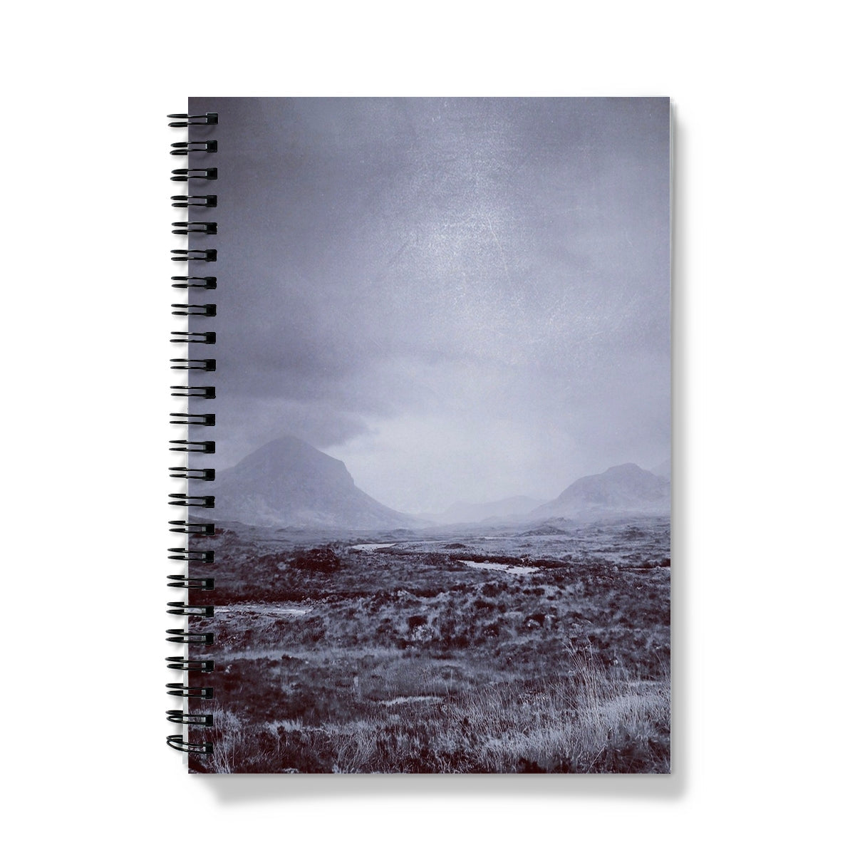 Black spiral Brooding Cuillin notebook with matte mountain landscape cover