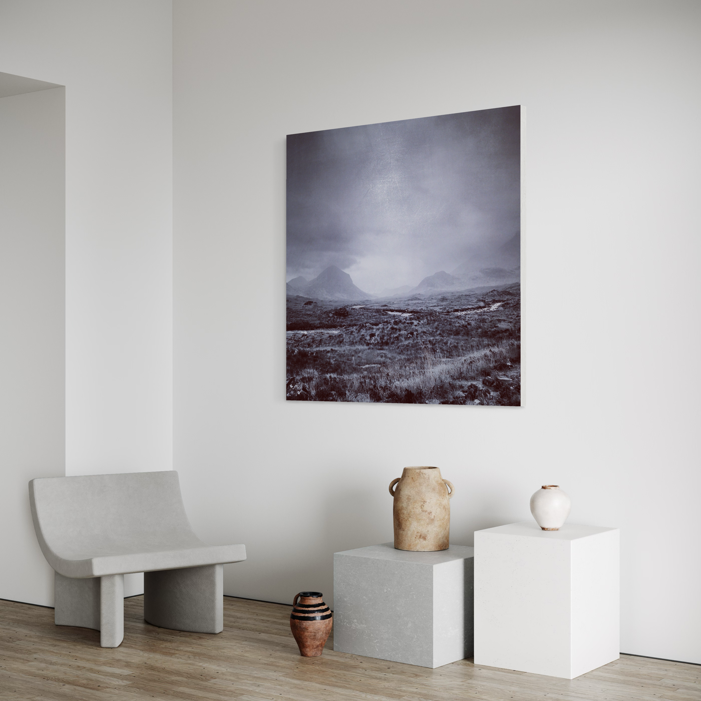 Monochromatic landscape painting of misty mountainous terrain in The Brooding Cuillin Wall Art