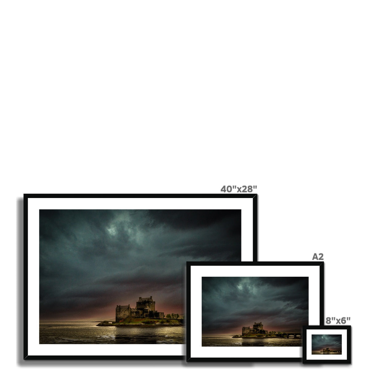 Dramatic Eilean Donan Castle silhouette on stormy skies, 40x28 black-framed canvas print