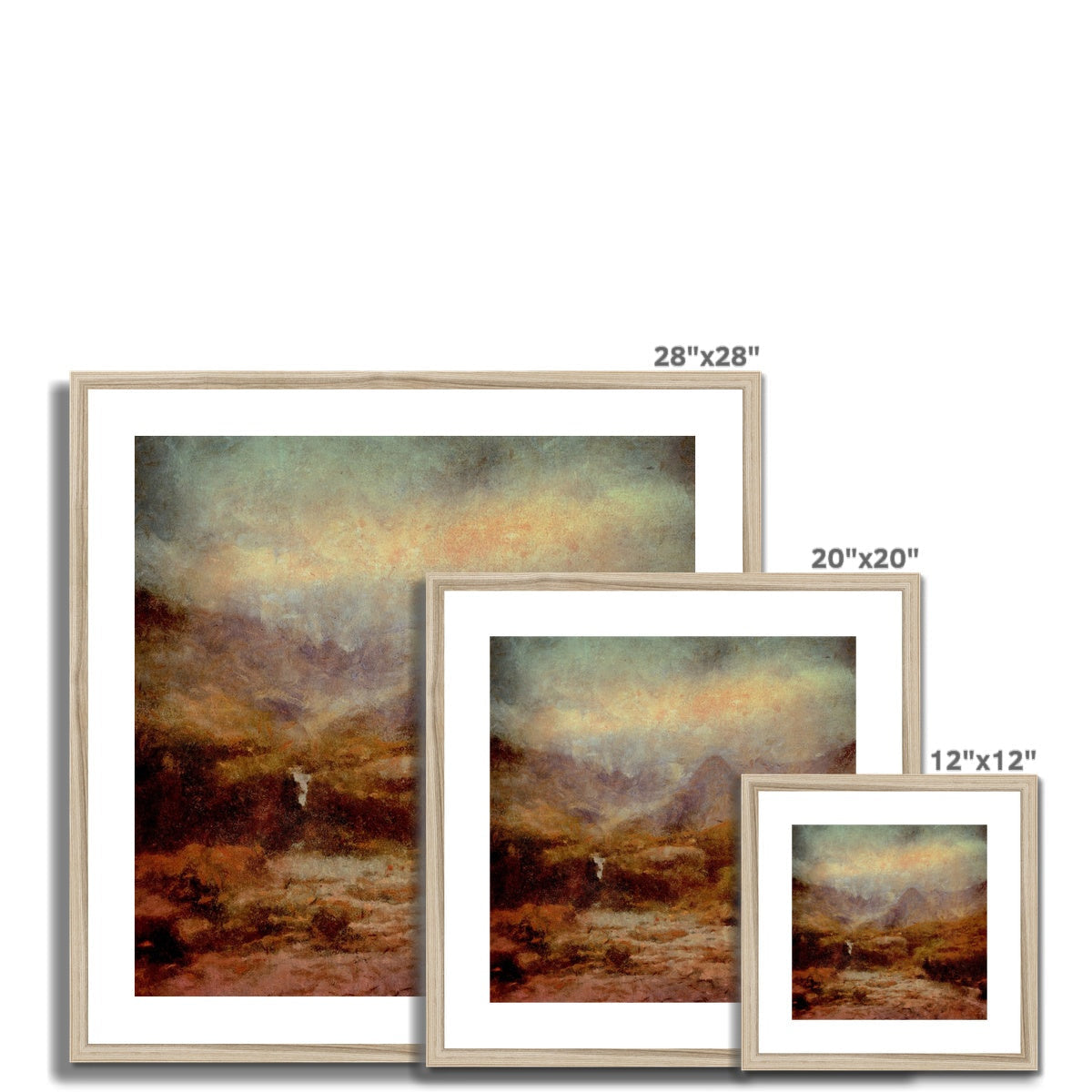 Three Brooding Fairy Pools framed art prints in light wood, 12x12 to 28x28 inches