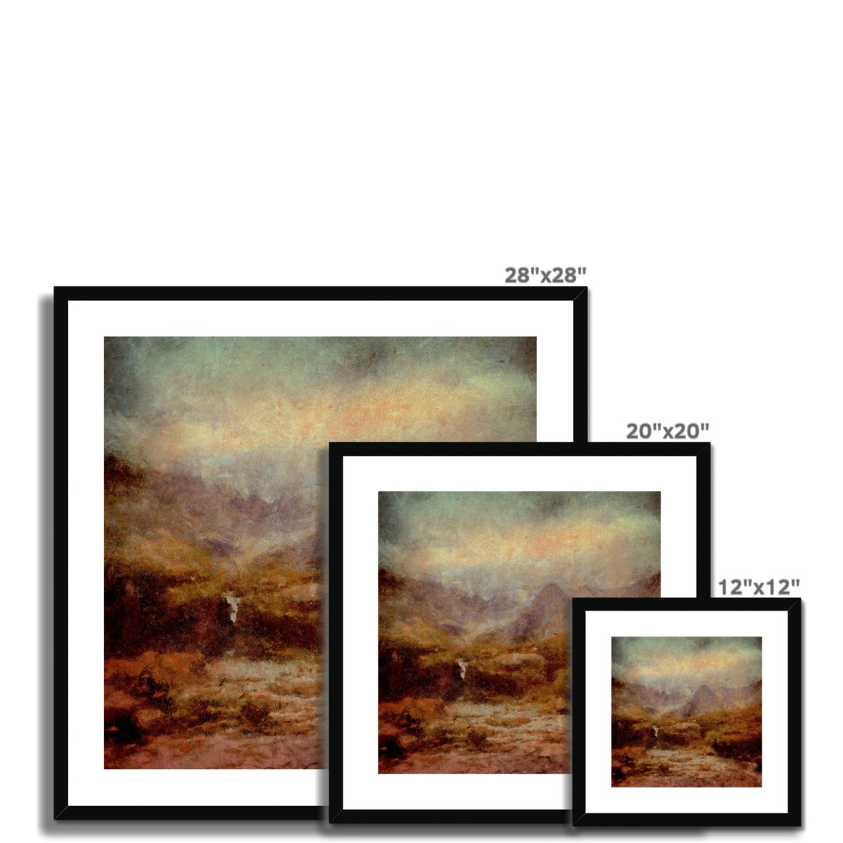 Three Brooding Fairy Pools framed landscape prints in black frames, 12x12 to 28x28 inches