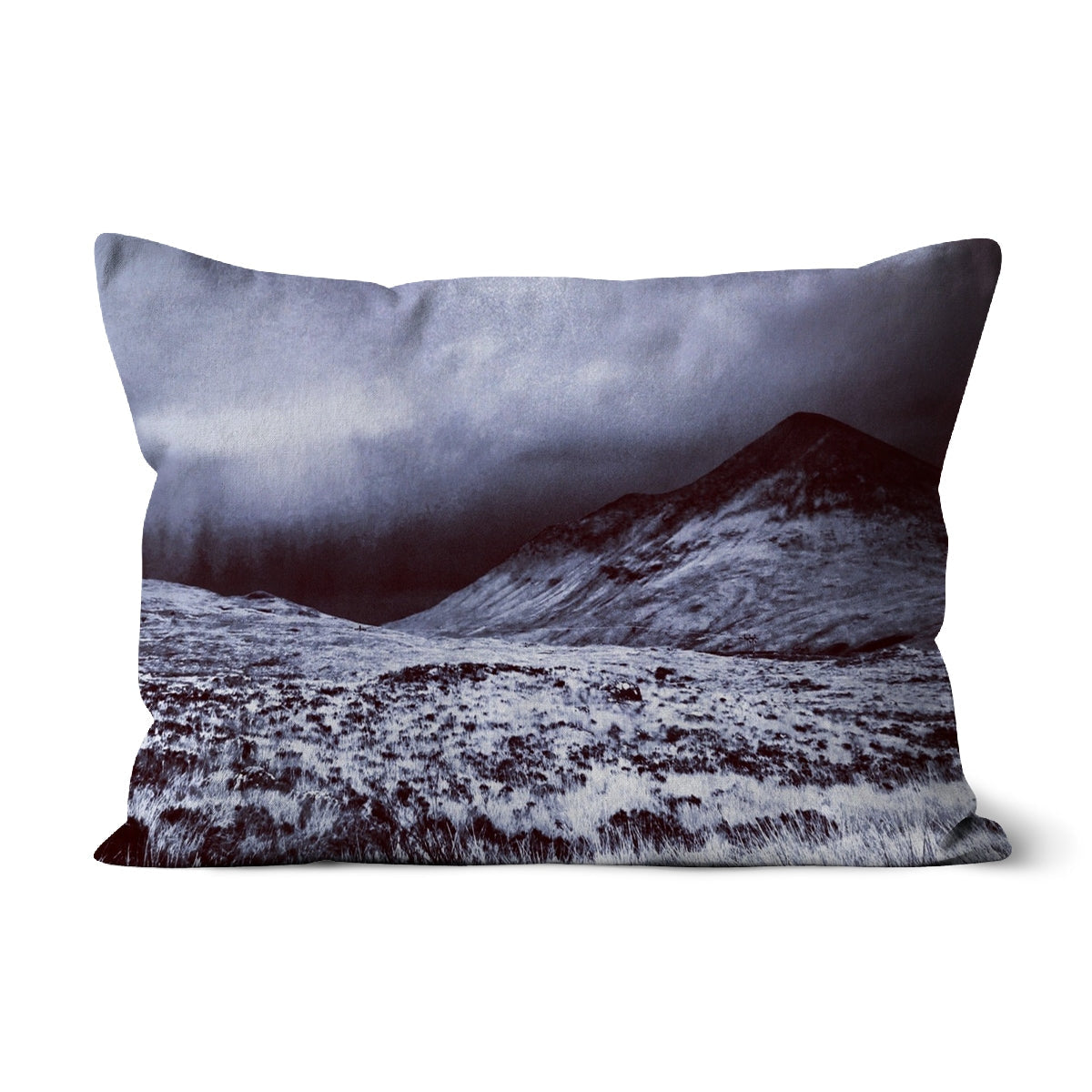 1970s-inspired black and white A Brooding Glen Varagil mountain cushion