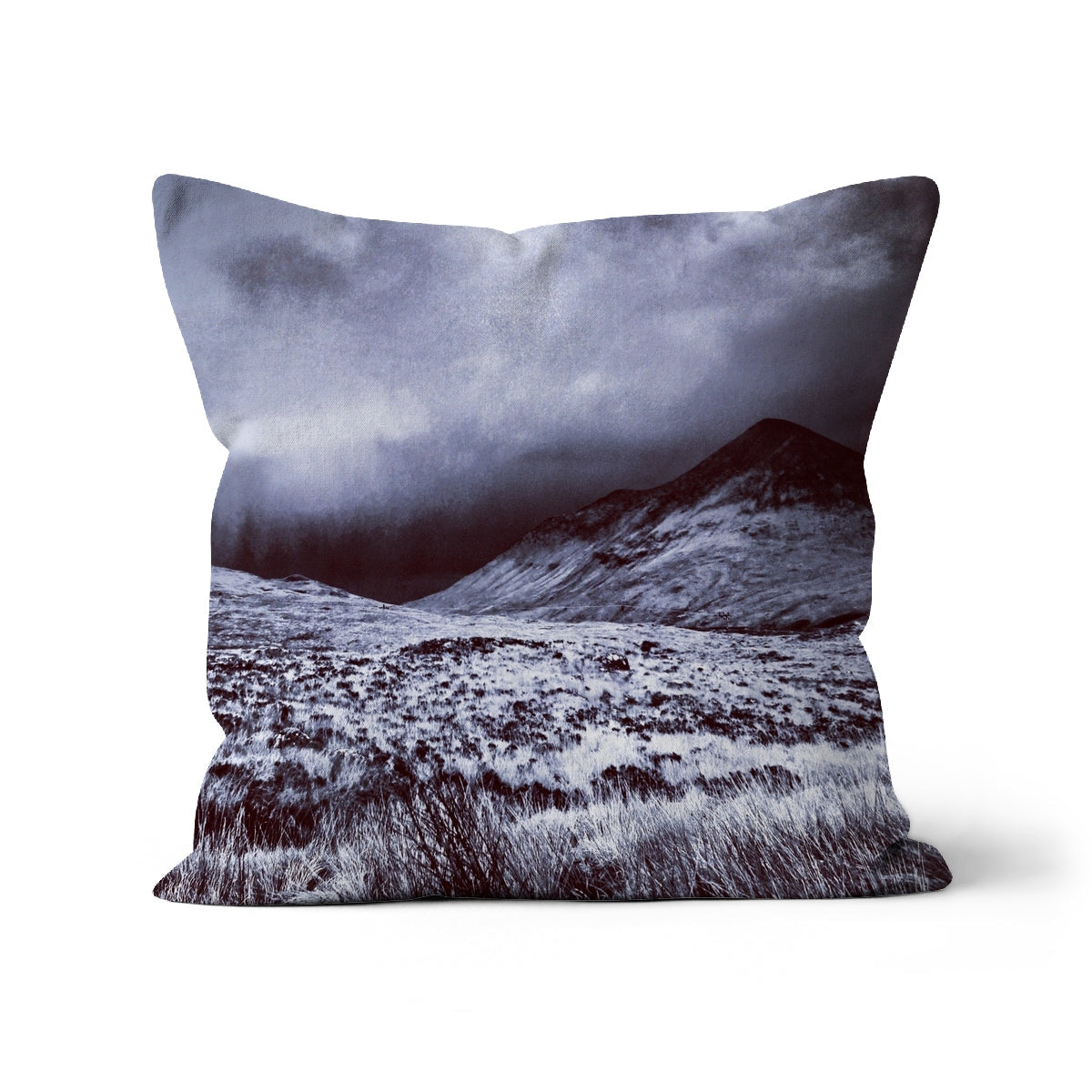 Black and white A Brooding Glen Varagil Cushion with mountain landscape