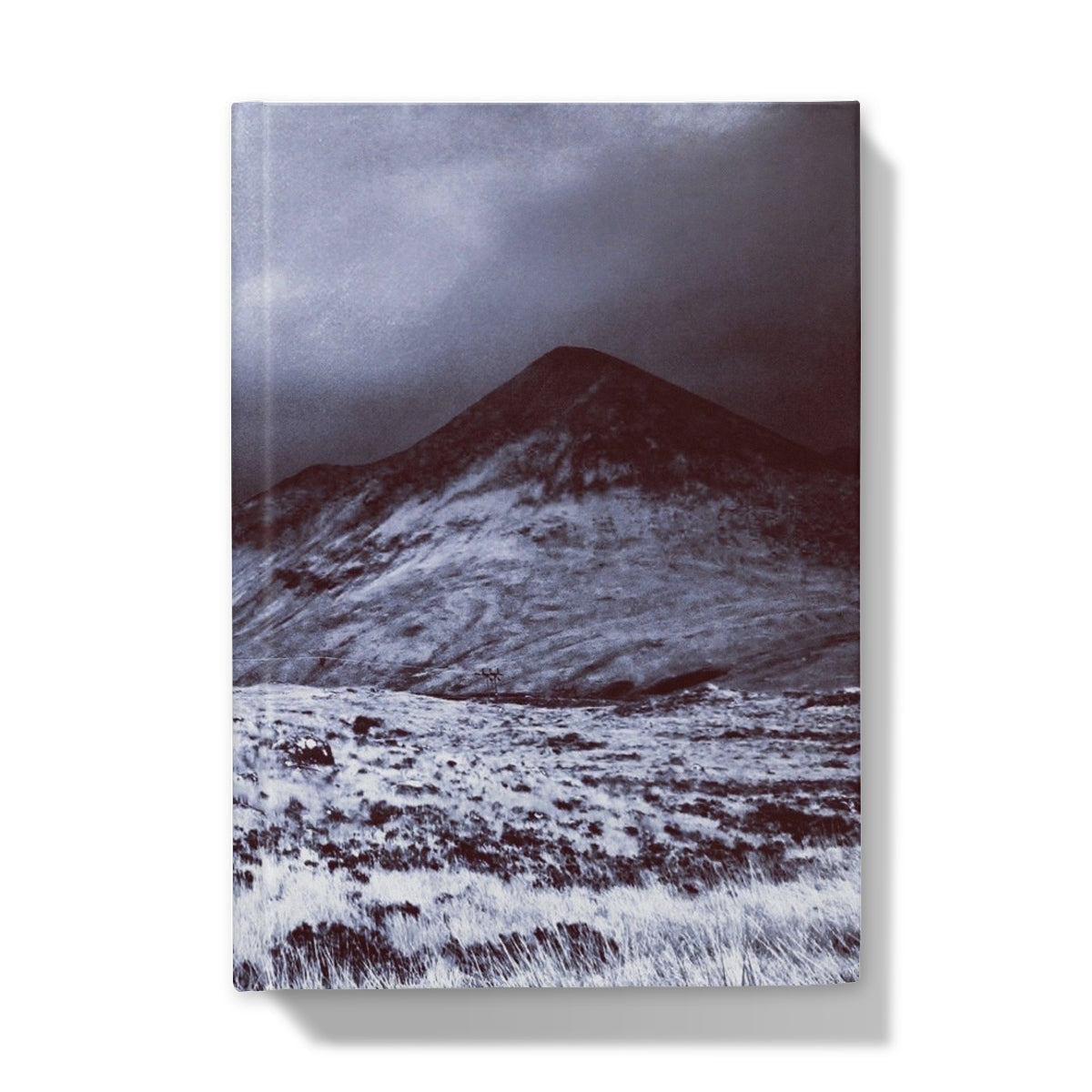 Winter mountain canvas print in dark red and white hues for Brooding Glen Varagil Journal