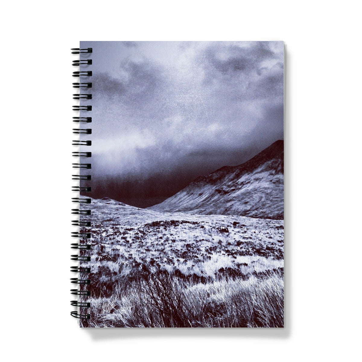 Spiral-bound A Brooding Glen Varagil Notebook with black and white mountain landscape cover