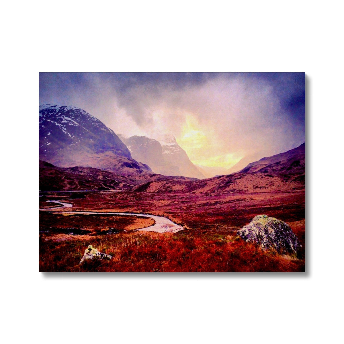 A Brooding Glencoe canvas print of vibrant mountain landscape with dramatic red purple clouds