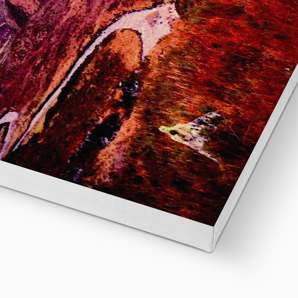 A Brooding Glencoe canvas print with vibrant red and orange abstract design in white frame