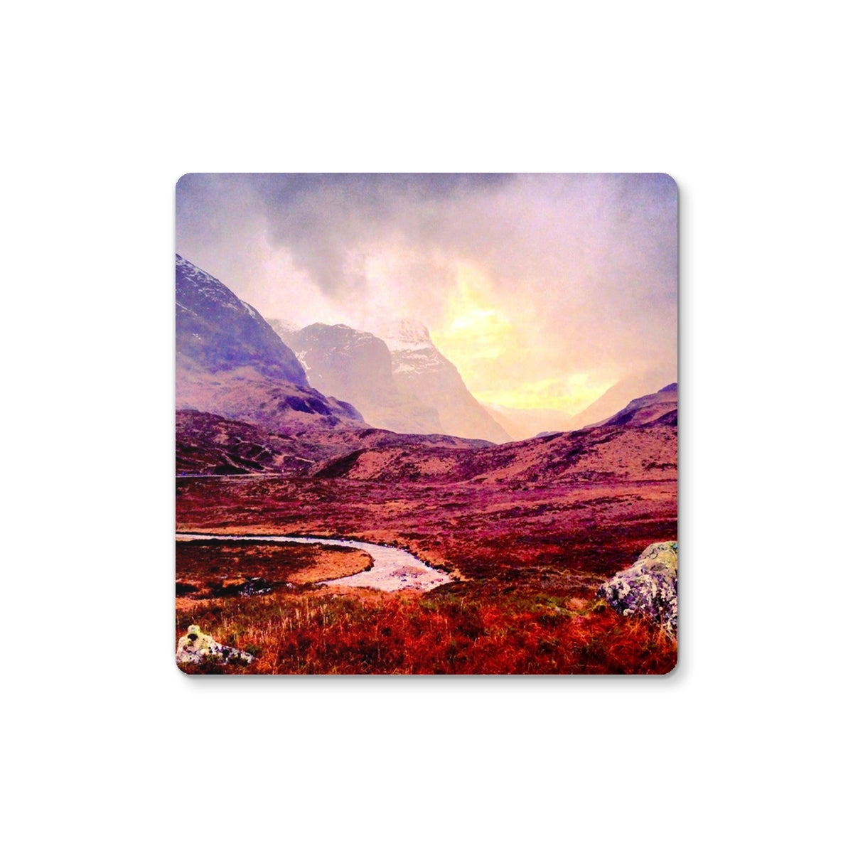Red and purple Brooding Glencoe coaster with textured river landscape