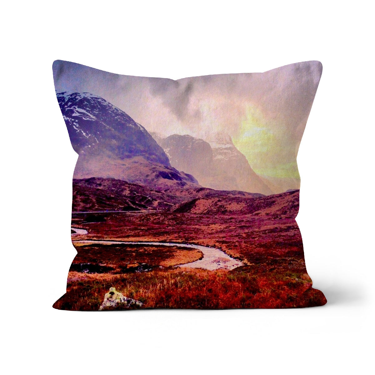 18x18 inch A Brooding Glencoe Cushion Cover with Vibrant Purple Mountains and River