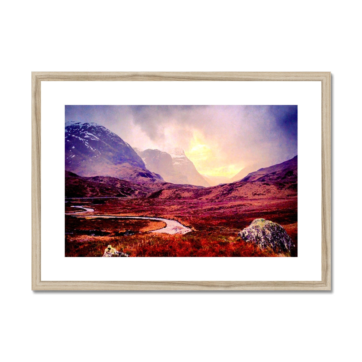 Brooding Glencoe wooden framed print of purple orange mountain river landscape