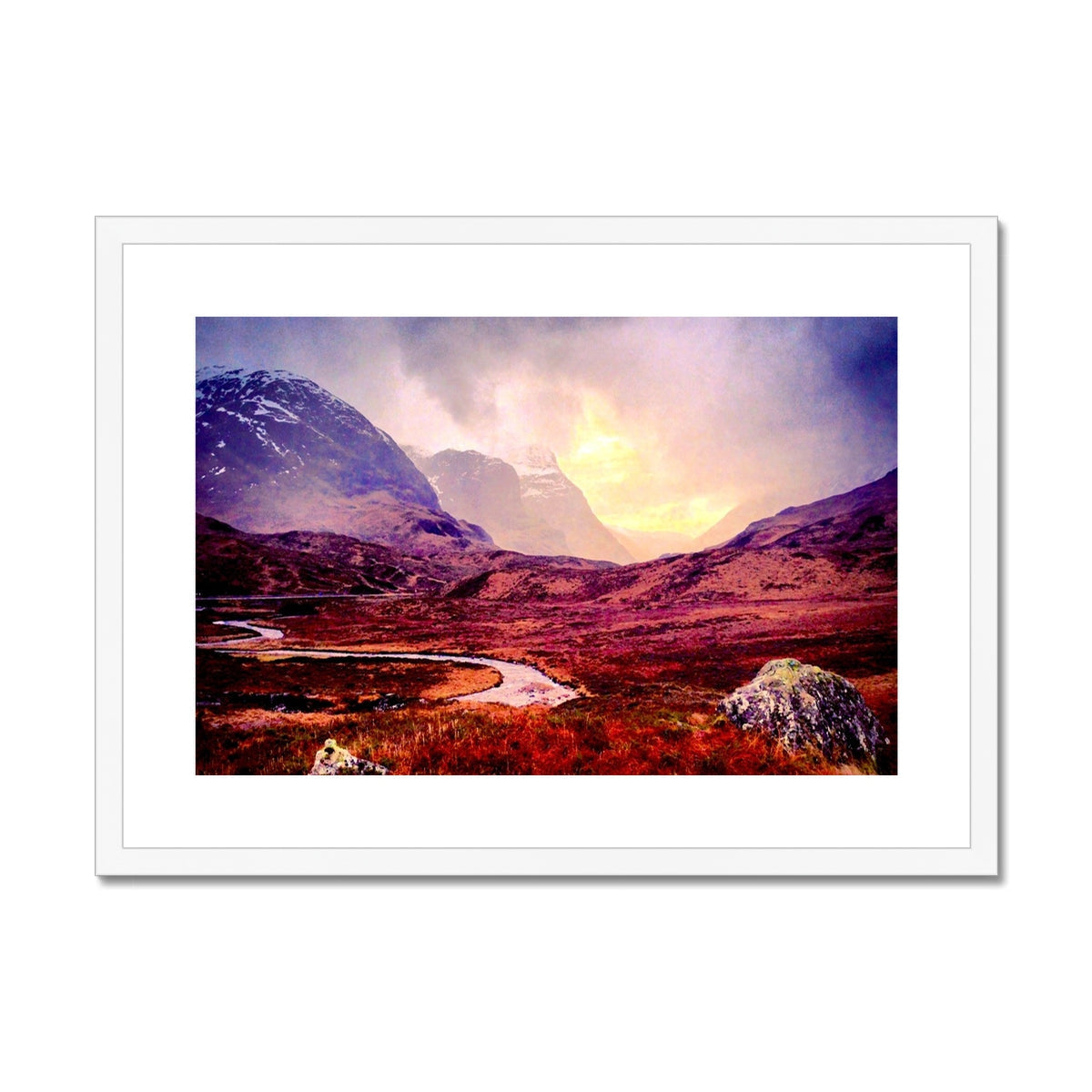White framed Brooding Glencoe print of river and orange-red mountains