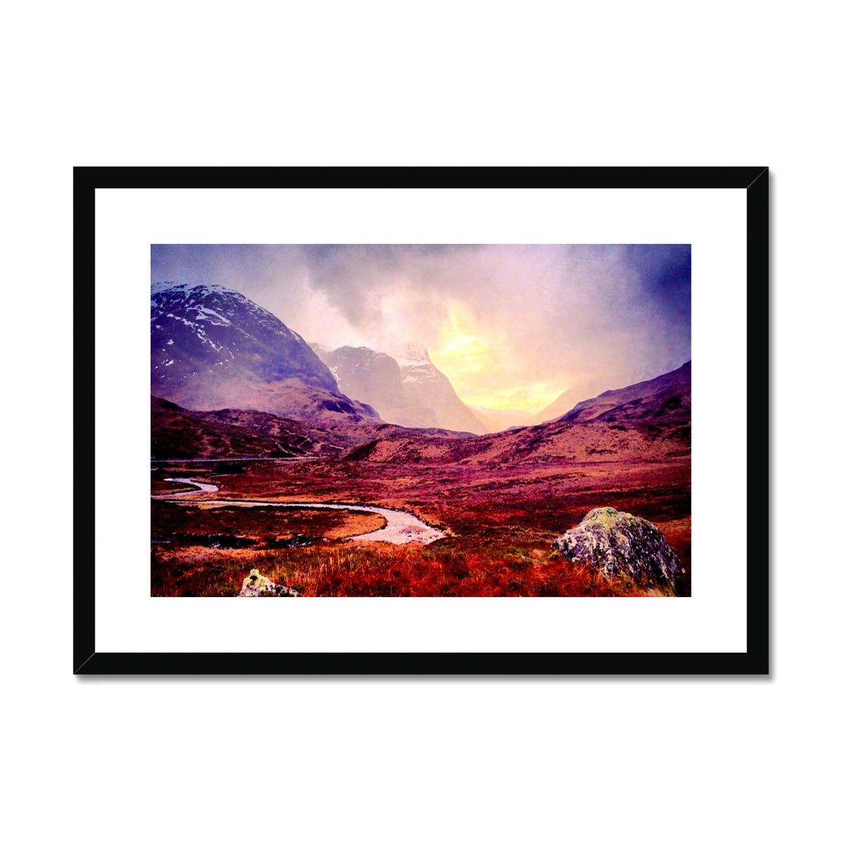 Black-framed Brooding Glencoe print with purple mountain river scene
