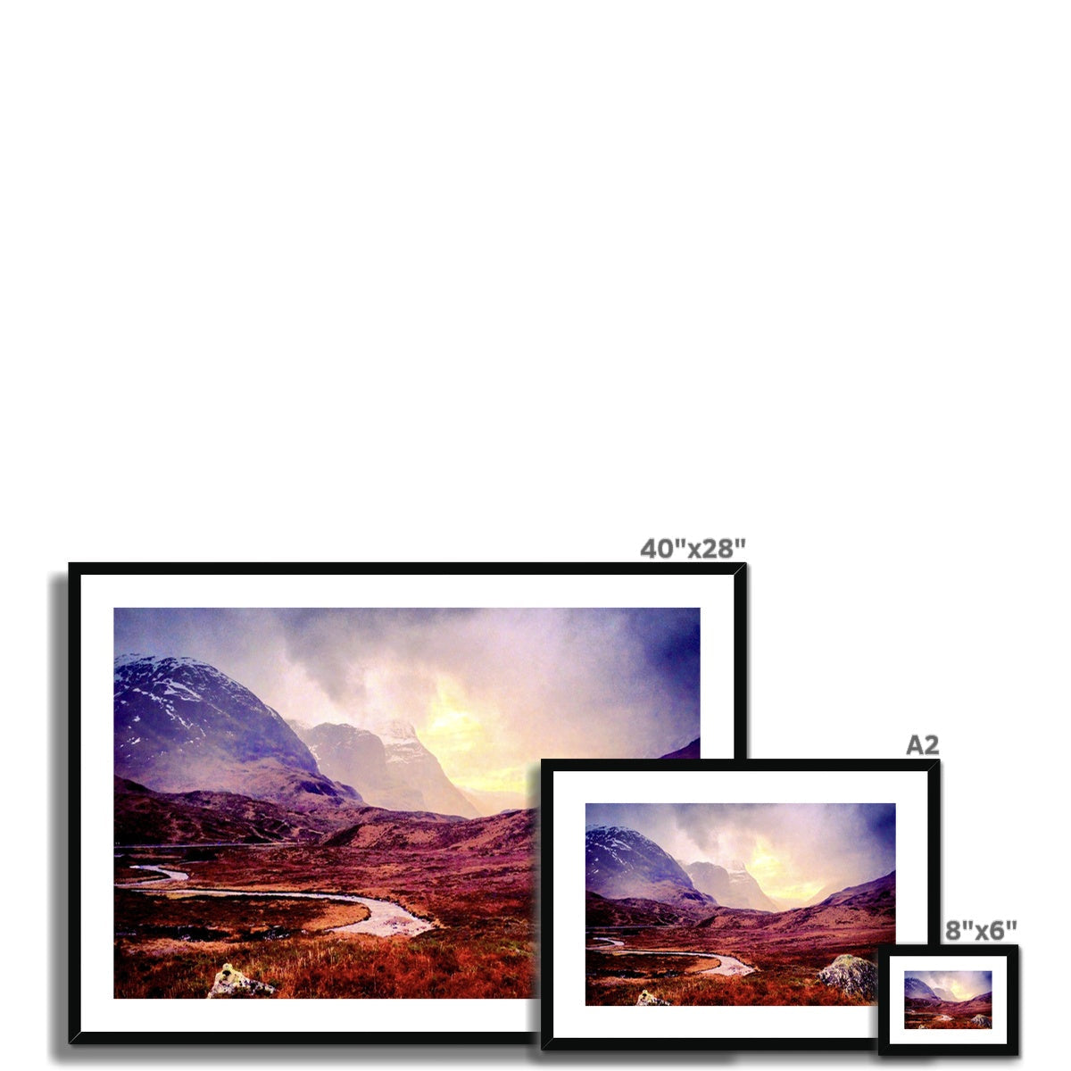 40x28 inch black framed A Brooding Glencoe print of vibrant red purple mountains
