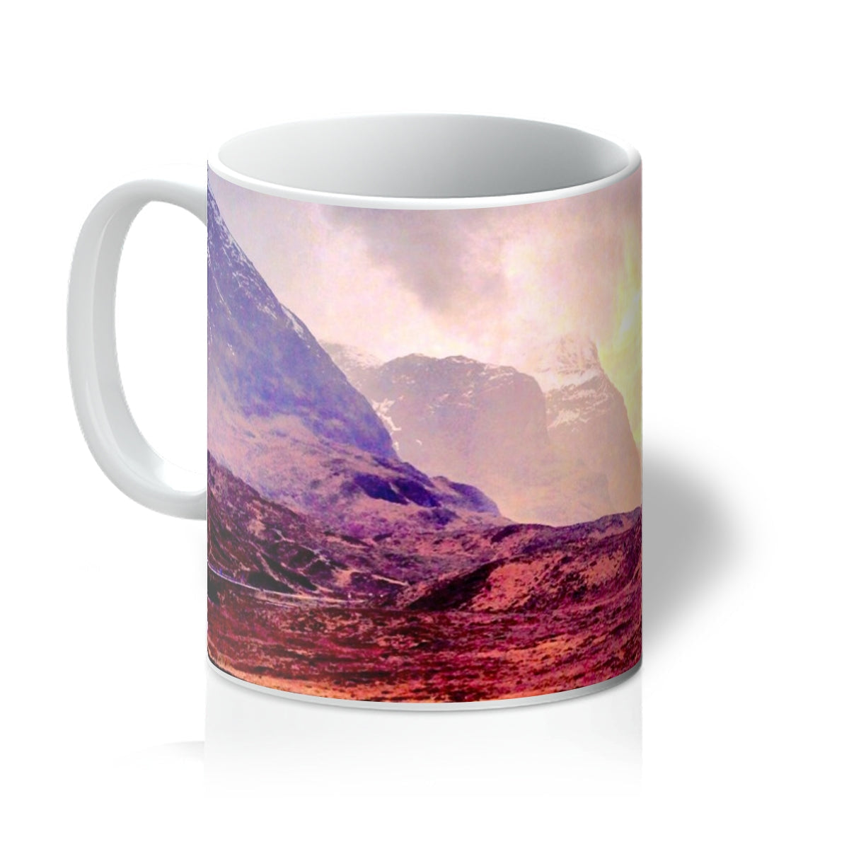 White ceramic A Brooding Glencoe Mug with colorful purple-red mountain design